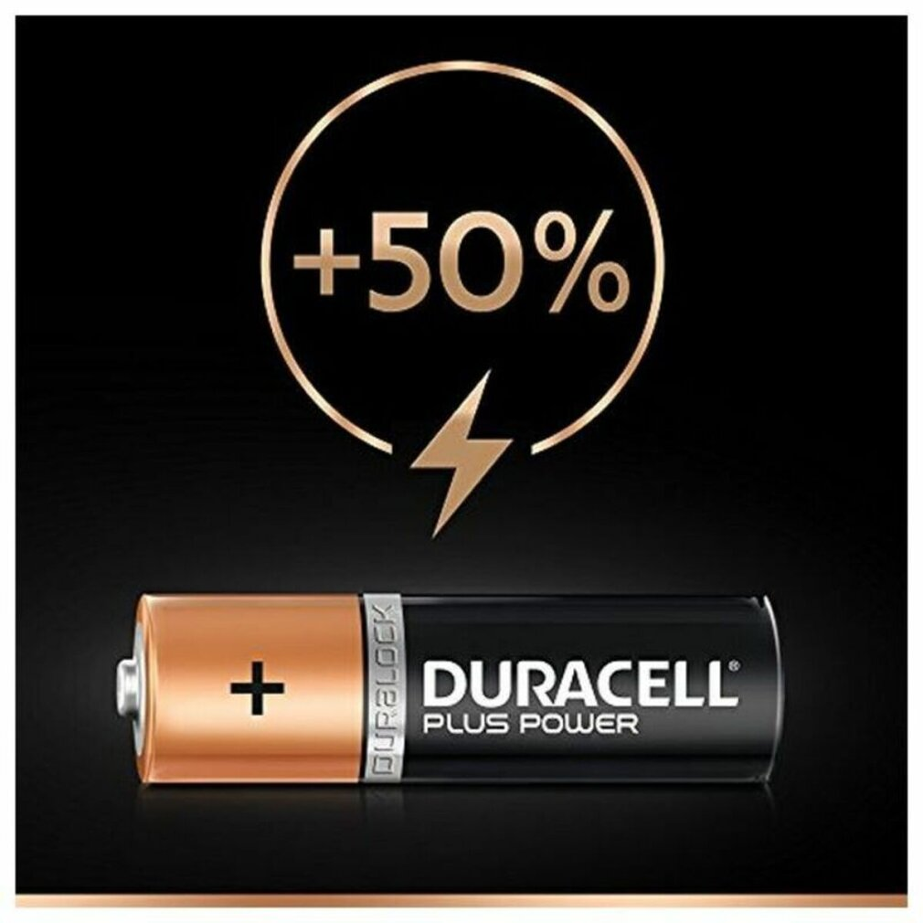 Bateria Duracell na czarnym tle ze złotym okręgiem pokazującym +50% i błyskawicę.