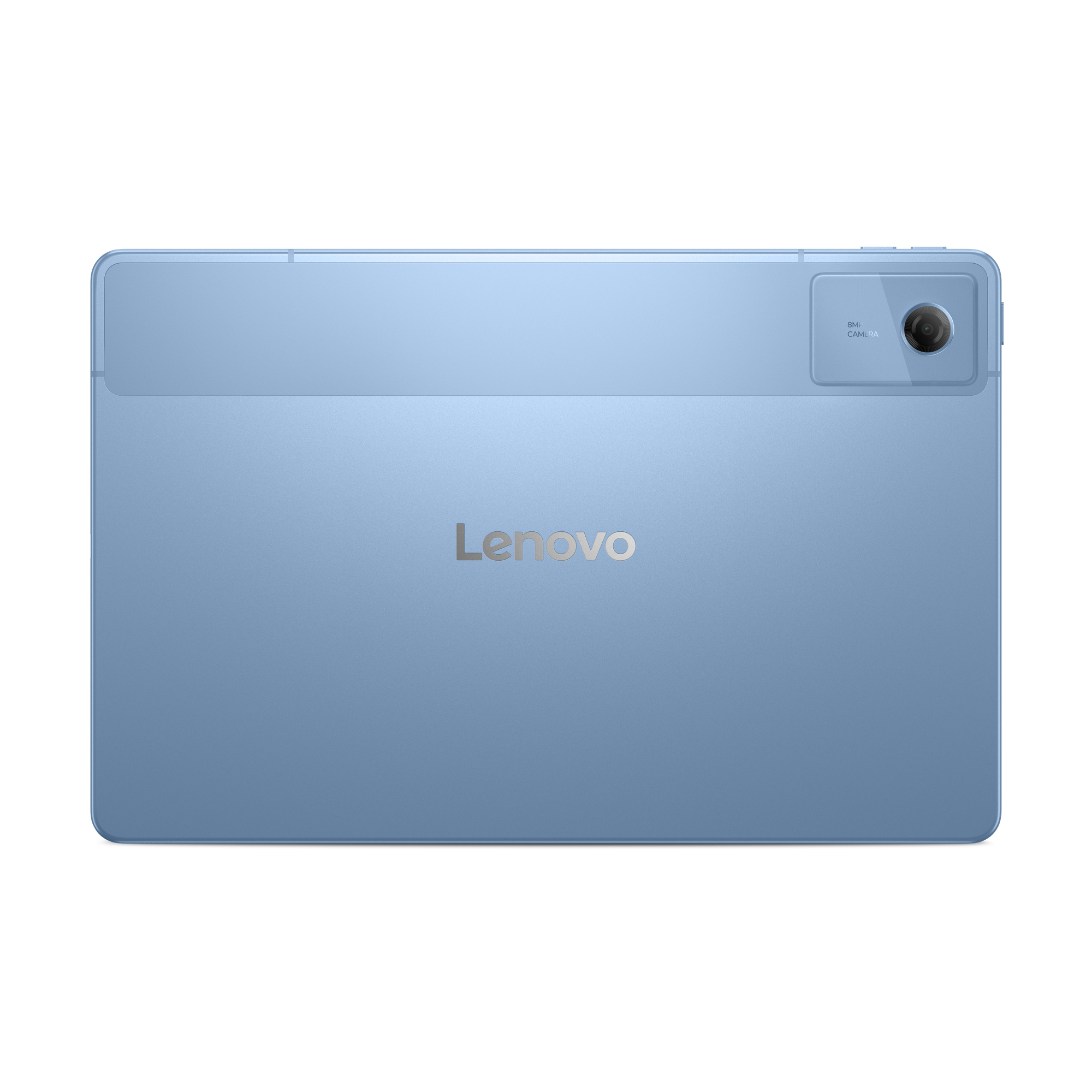 Tył niebieskiego tabletu z aparatem i logo Lenovo na jasnoniebieskim tle.