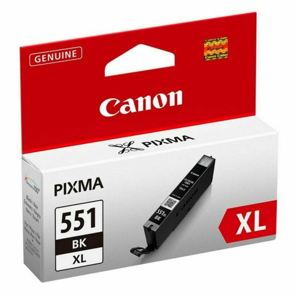 Een Canon inktcartridge doos, rood en wit, met een zwarte inktcartridge zichtbaar.