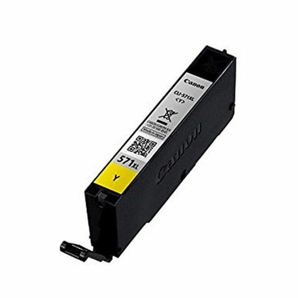 Een gele Canon inktcartridge. De cartridge is zwart met een geel label.