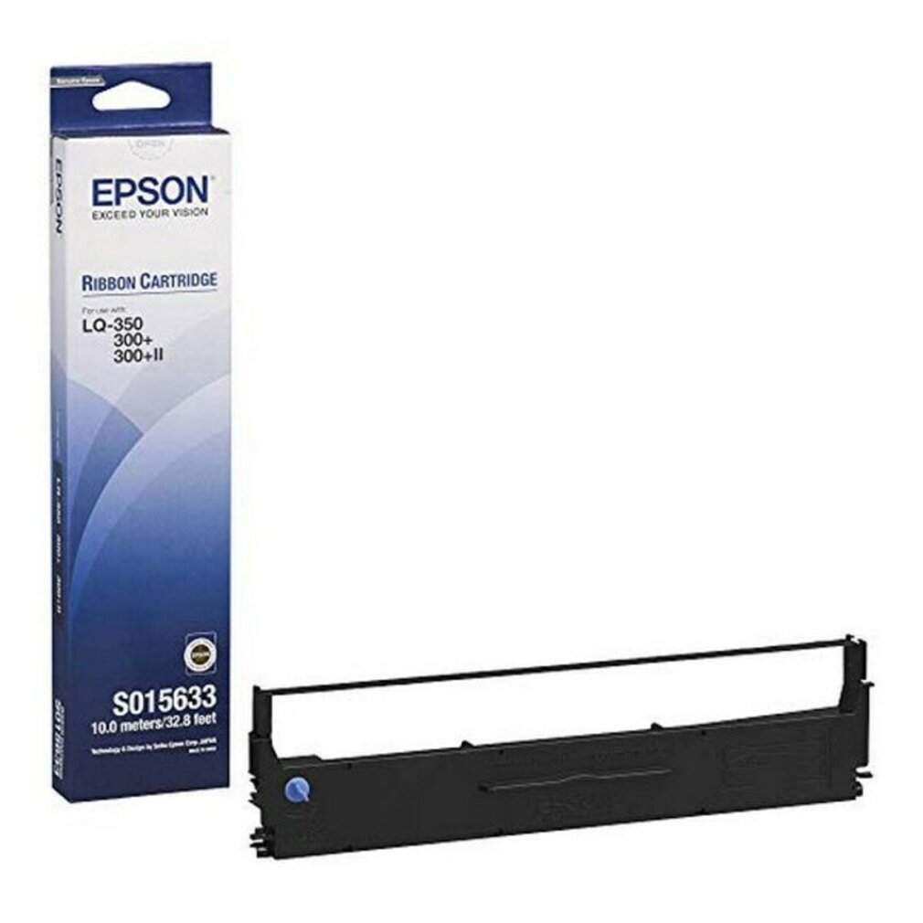Una scatola di cartucce a nastro Epson e una cartuccia a nastro nera. La scatola è blu e bianca.