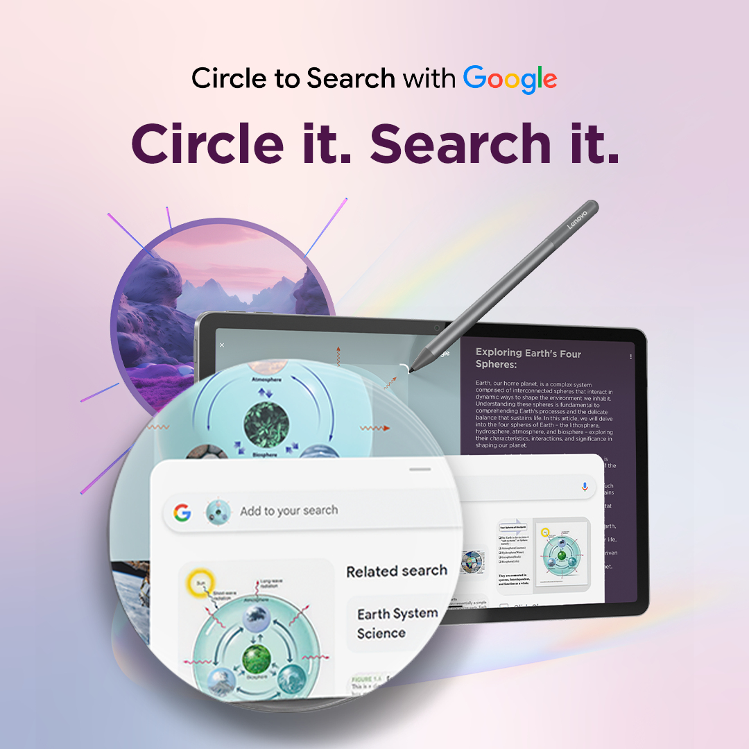Tablet e penna su sfondo viola. Mostra una ricerca Google. Testo: Circle it. Search it.