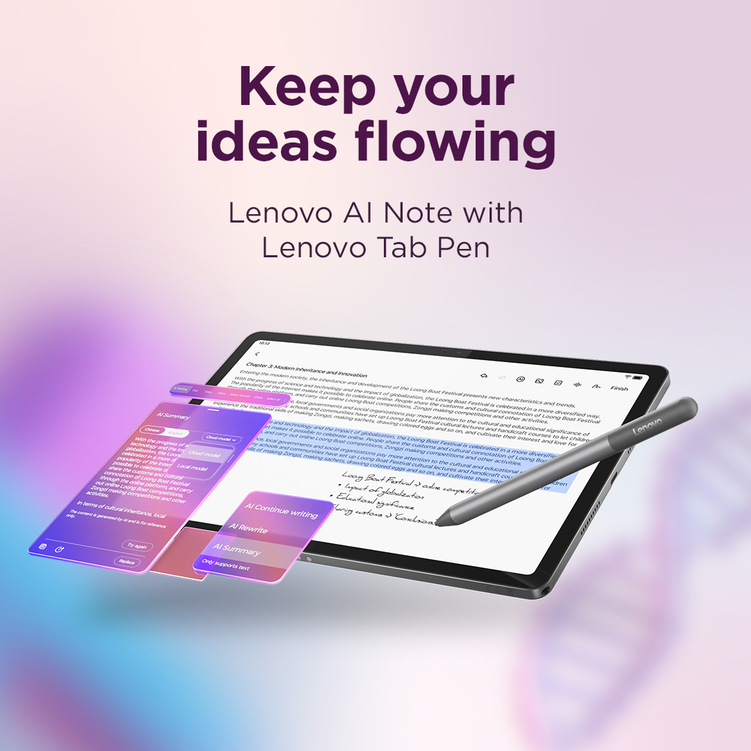 Tablet con penna su sfondo viola. Visualizza un documento. Testo: Keep your ideas flowing.