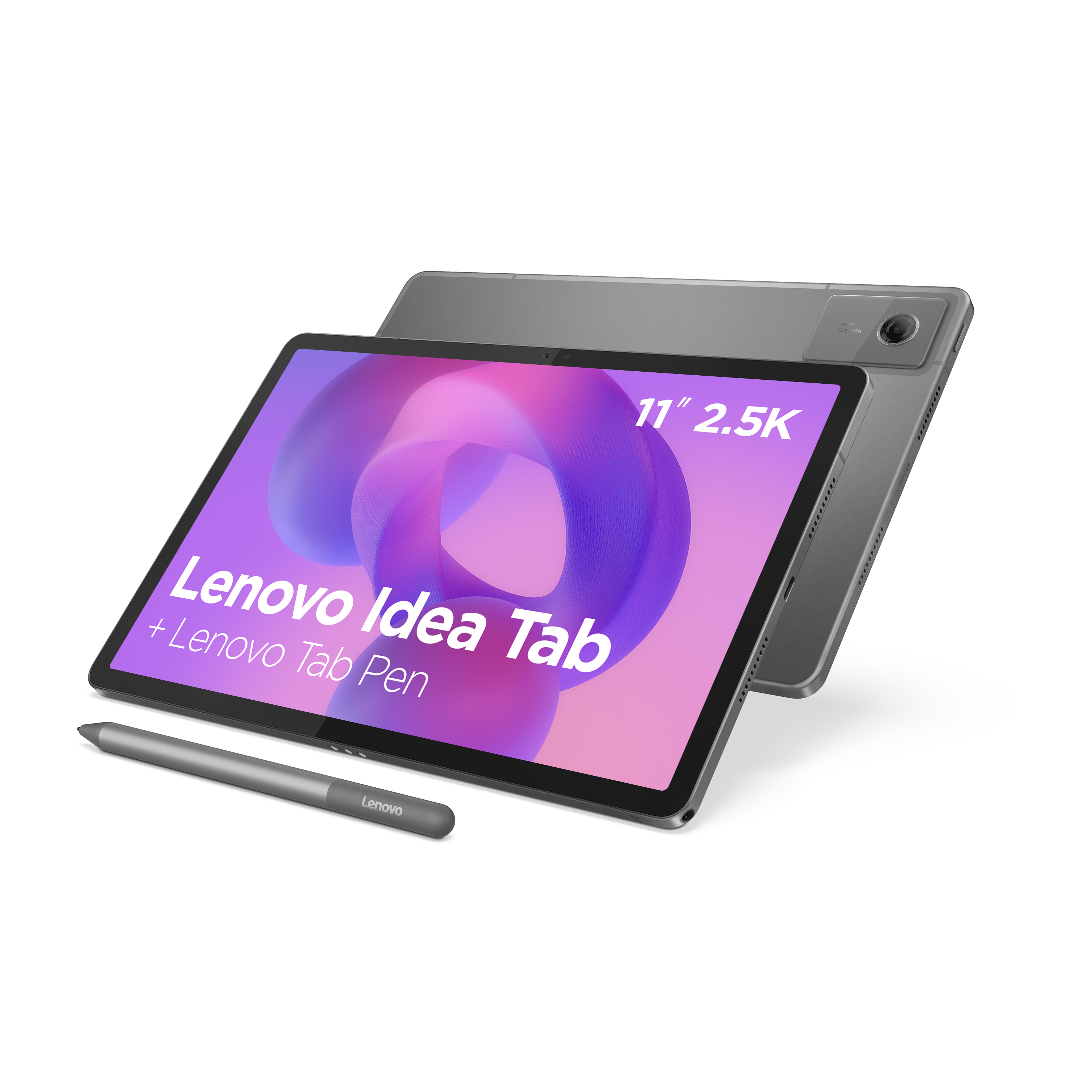 Tablet con penna. Il display mostra il testo Lenovo Idea Tab. Il tablet e la penna sono grigi.