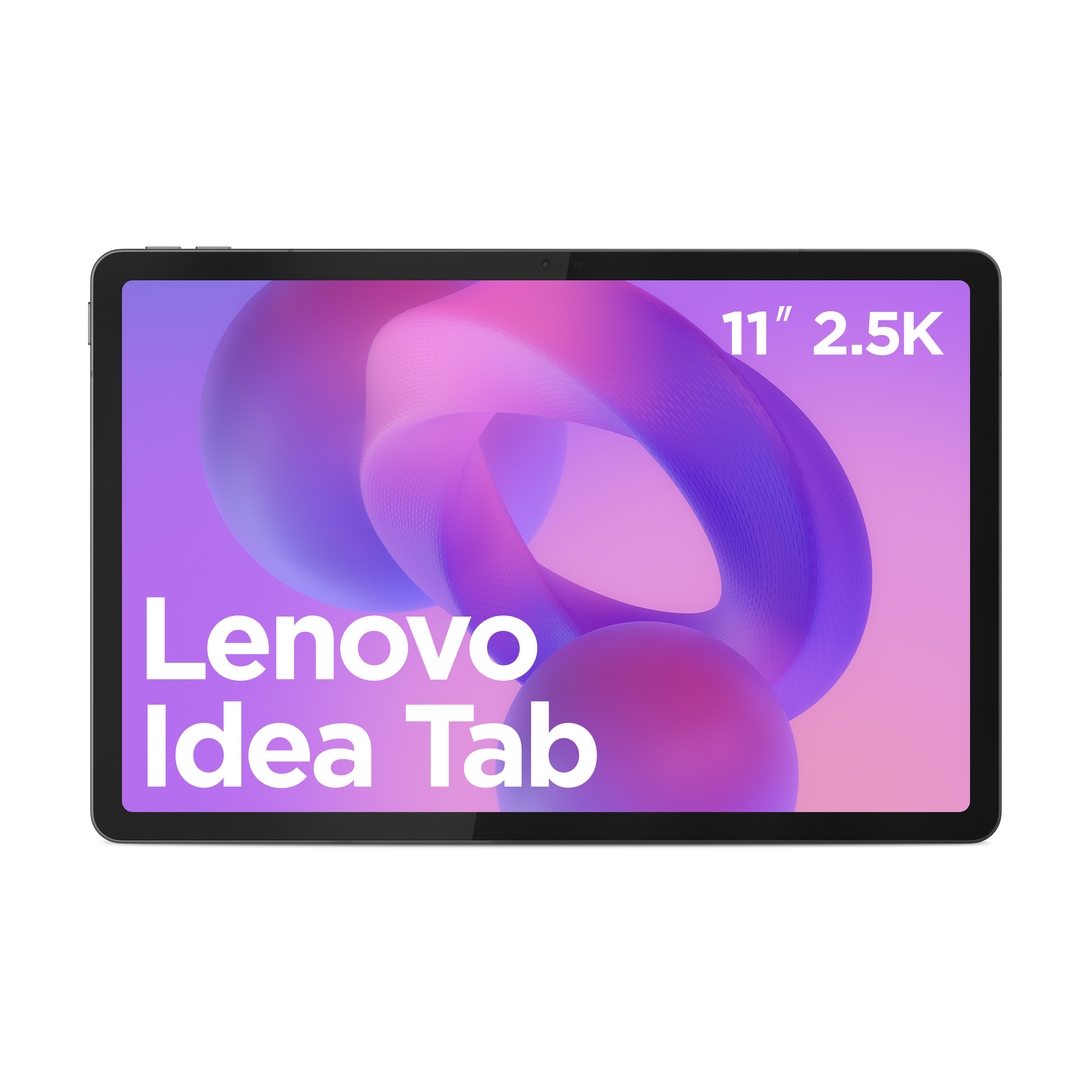 Tablet Lenovo Idea Tab su sfondo bianco. Lo schermo mostra testo e un design colorato.