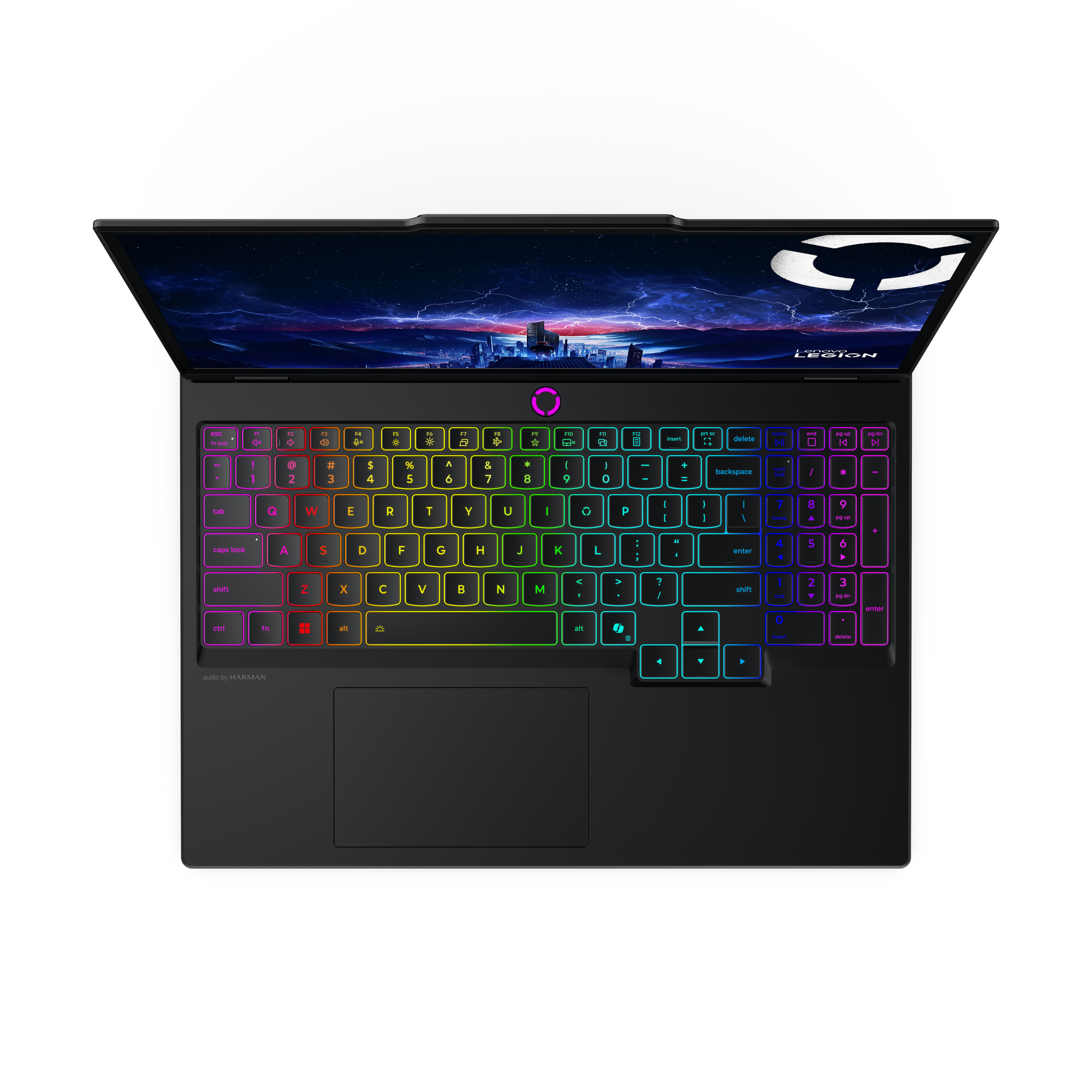 Vista dall'alto di un laptop Lenovo Legion nero. La tastiera ha luci colorate, con il logo al centro.