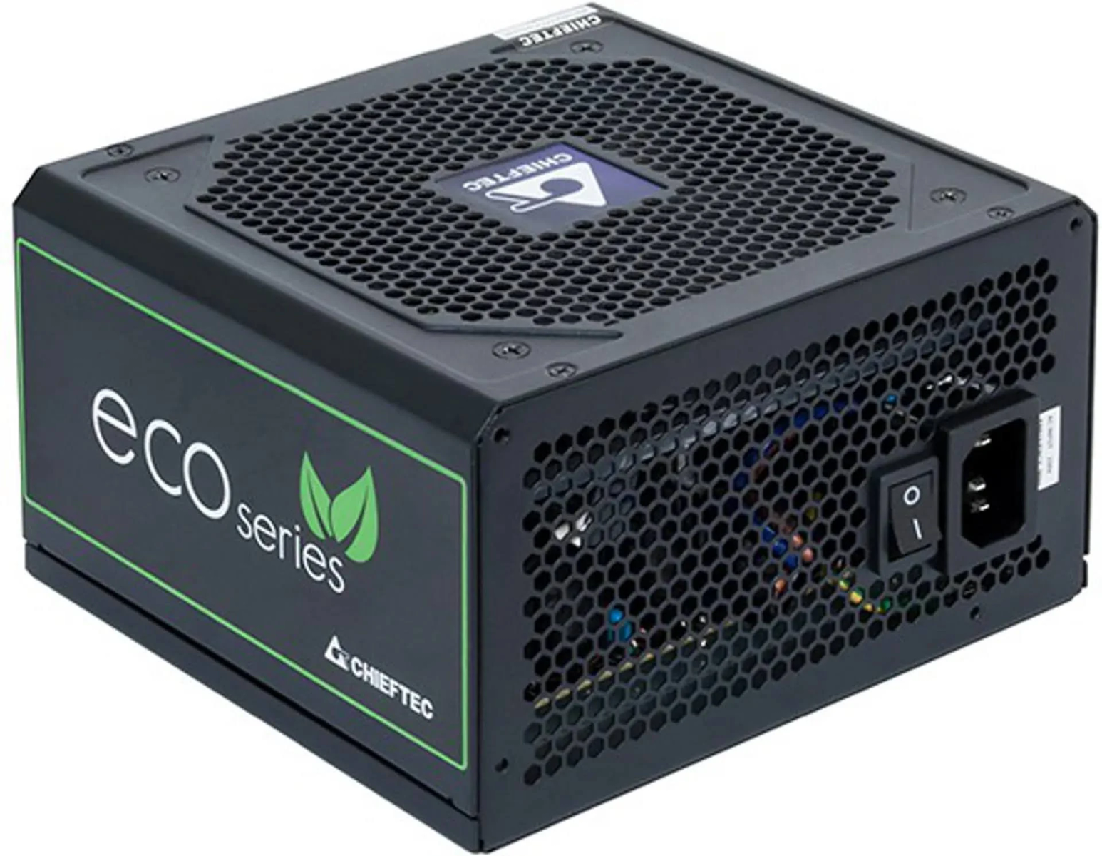 Zwarte Chieftec Eco series voeding. De unit heeft een ventilatorrooster en de merknaam staat op de zijkant.