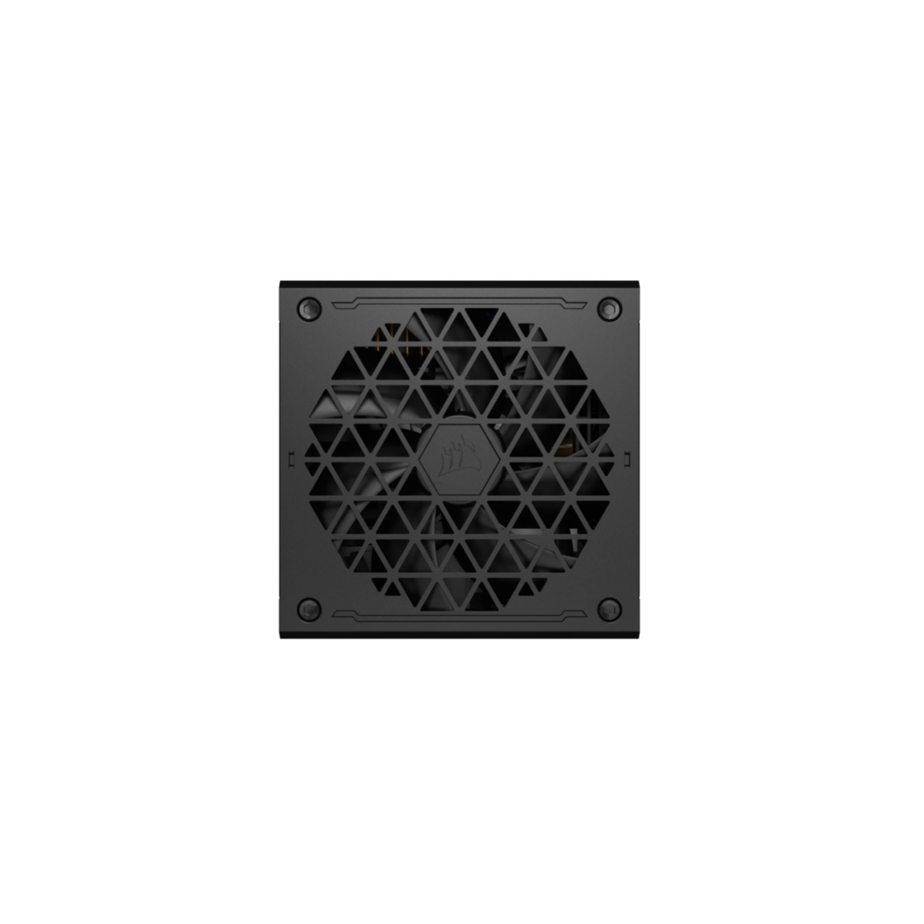 Czarny zasilacz Corsair. Wentylator jest widoczny. Widok z góry.