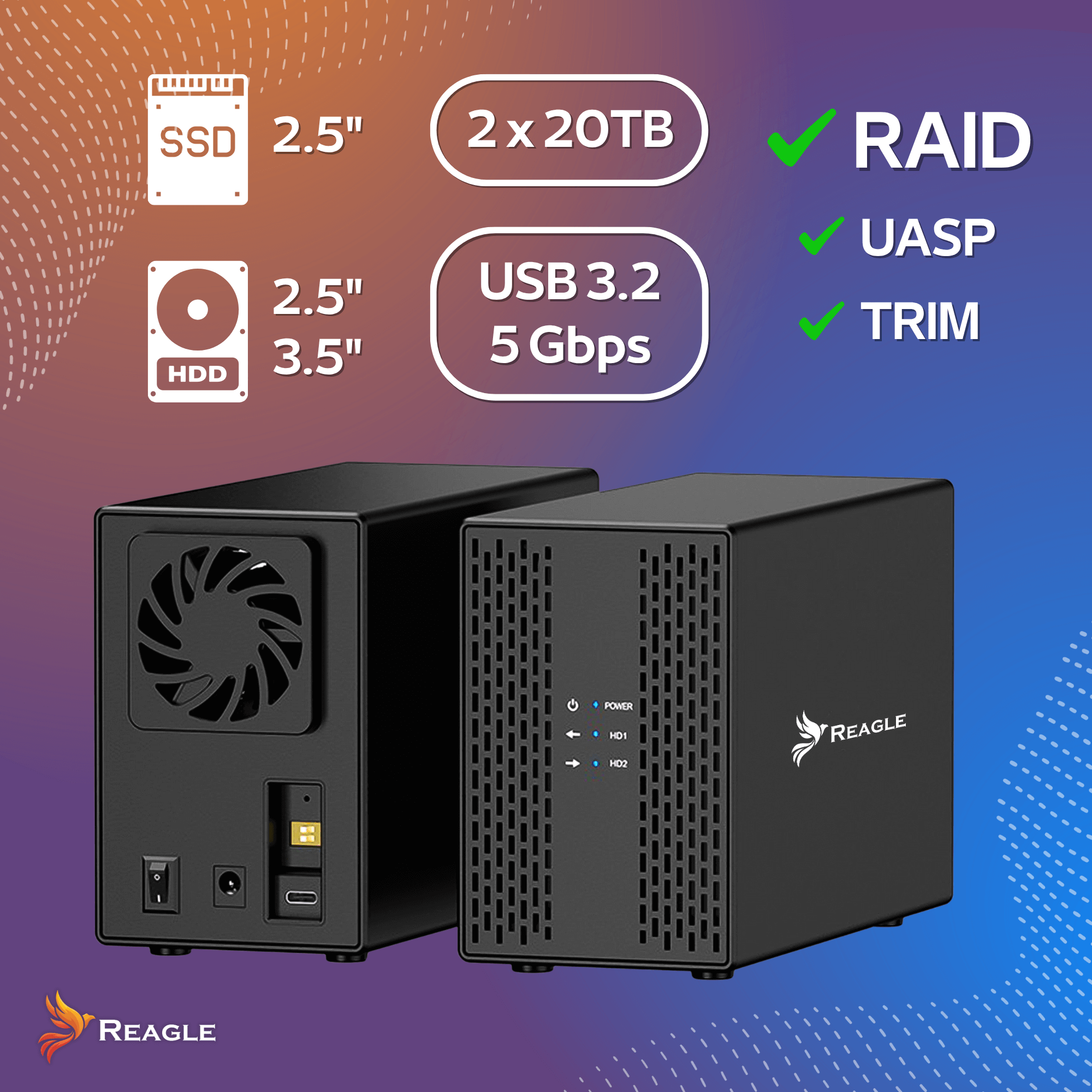 Wyświetlacz dwóch czarnych zewnętrznych obudów dysków twardych z etykietami, w tym SSD, HDD i USB 3.2 5 Gbps.