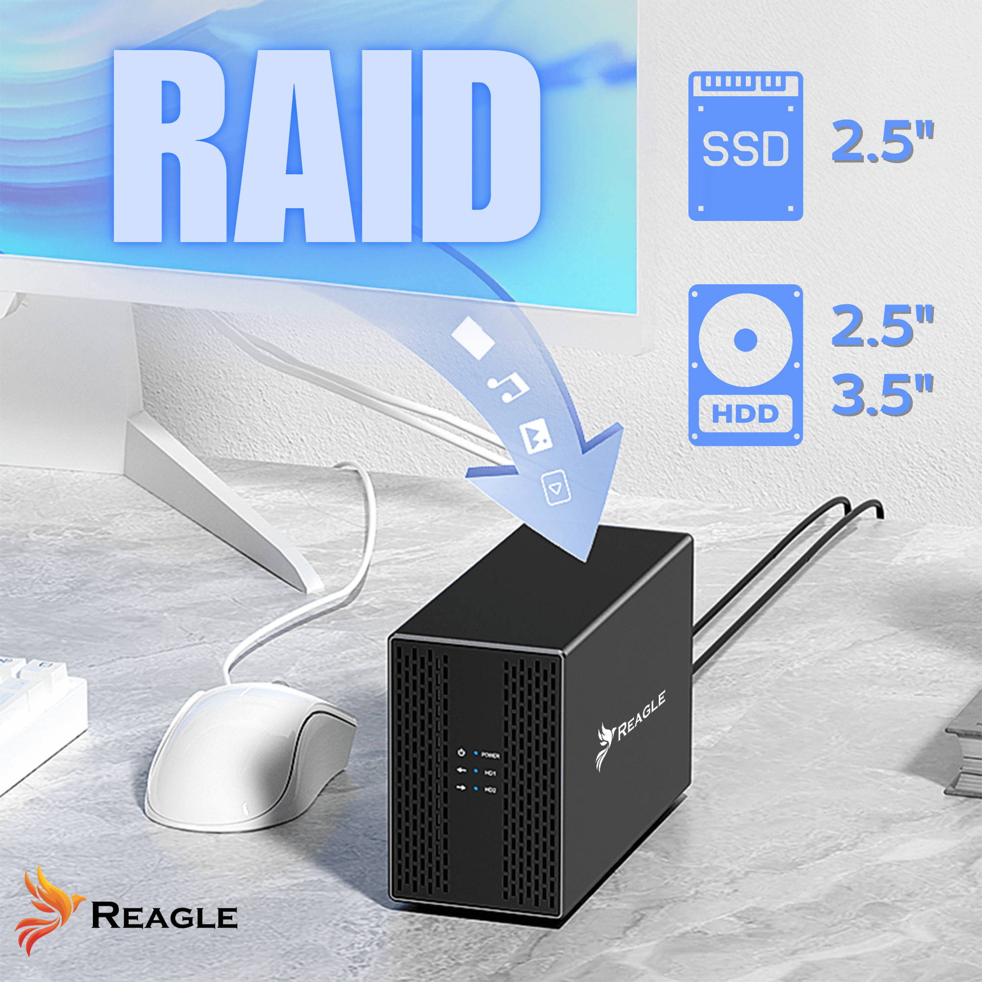 Czarne urządzenie z myszką komputerową oraz ikonami SSD i HDD. Marka to Reagle.