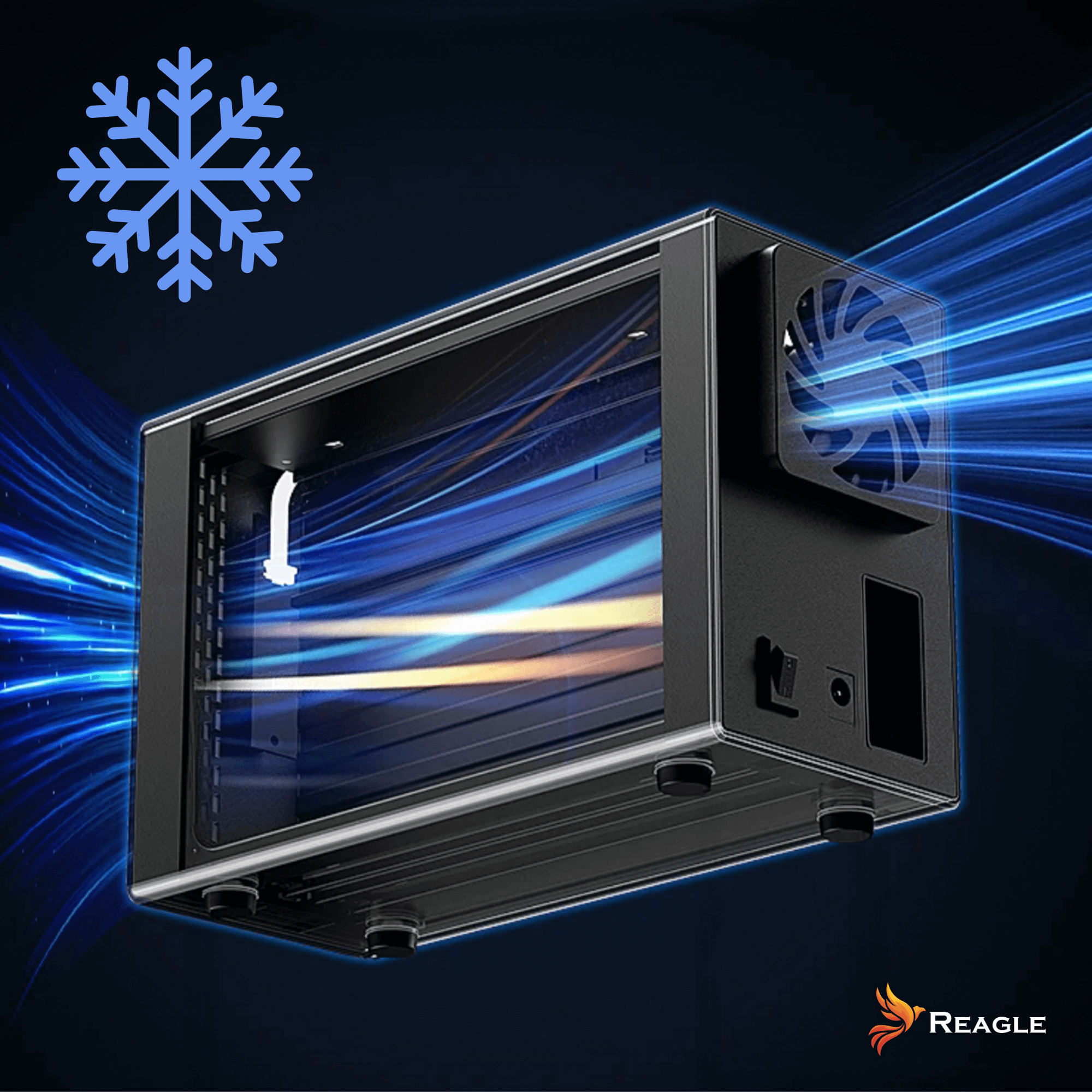 Czarna obudowa komputera z niebieską płatkiem śniegu i niebieskimi strumieniami powietrza, marka to Reagle.