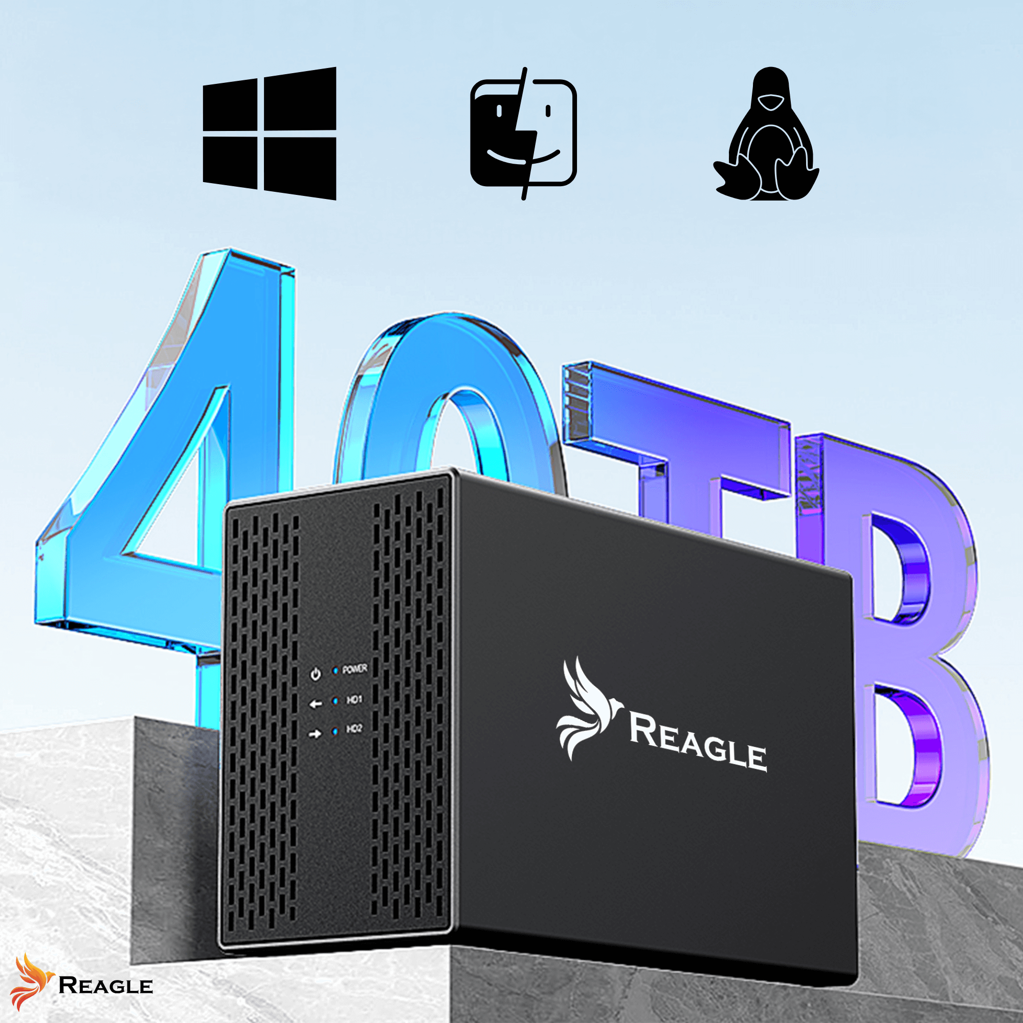 Czarna zewnętrzna obudowa dysku twardego z logo, Windows, twarzą i ikoną pingwina, z niebieskim tekstem 40TB.