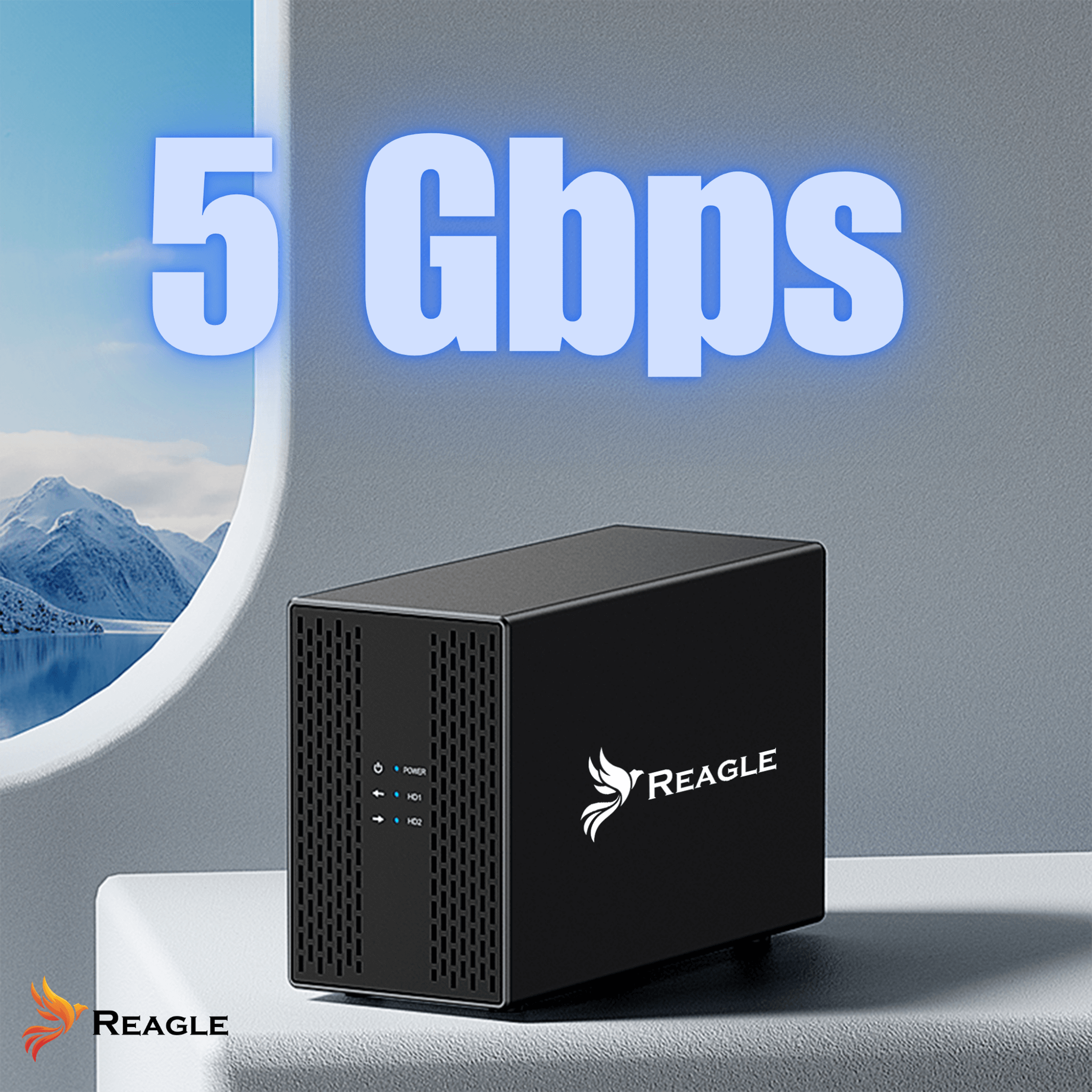 Czarna zewnętrzna obudowa dysku twardego z tekstem „5 Gbps” nad nią, z logo Reagle i białym tłem.