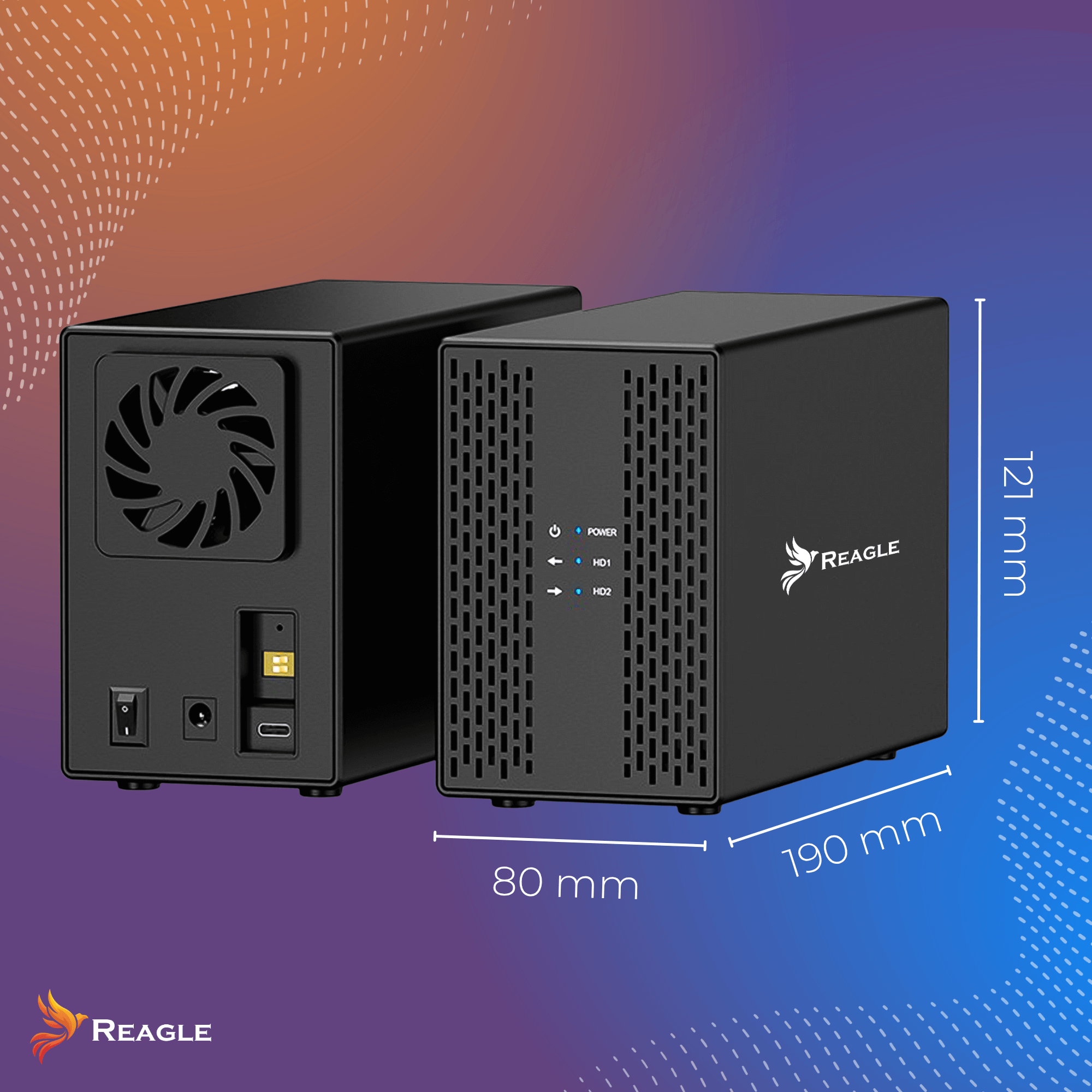 Dwa czarne dyski twarde z wymiarami i logo na tle gradientu niebiesko-pomarańczowego.