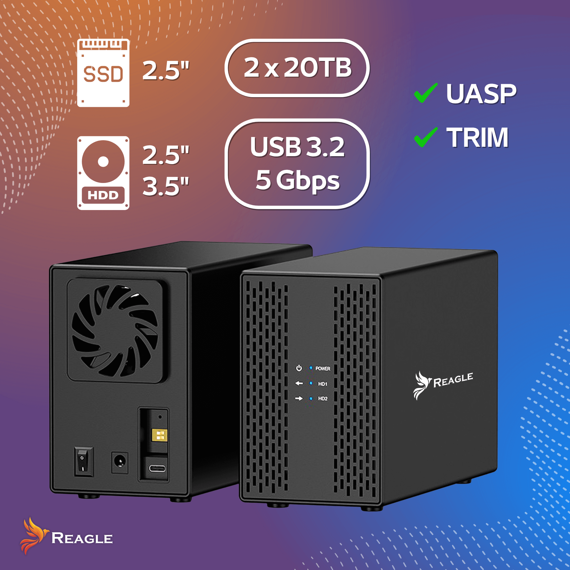 Dwa czarne zewnętrzne dyski twarde z tekstem i logo. Zawiera SSD, HDD i USB 3.2.