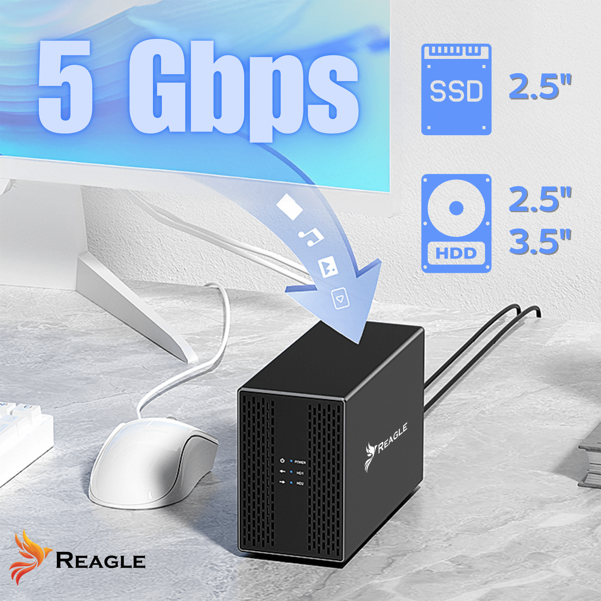 Czarna zewnętrzna obudowa dysku twardego z konfiguracją komputera i tekstem „5 Gbps” oraz etykietami dla SSD i HDD.