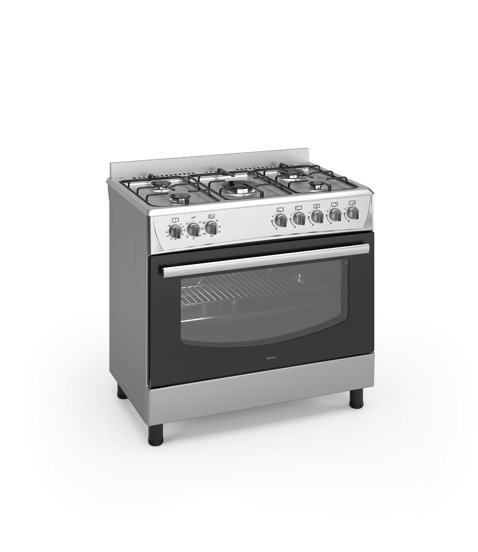 A silver gas oven with four burners and a glass door.