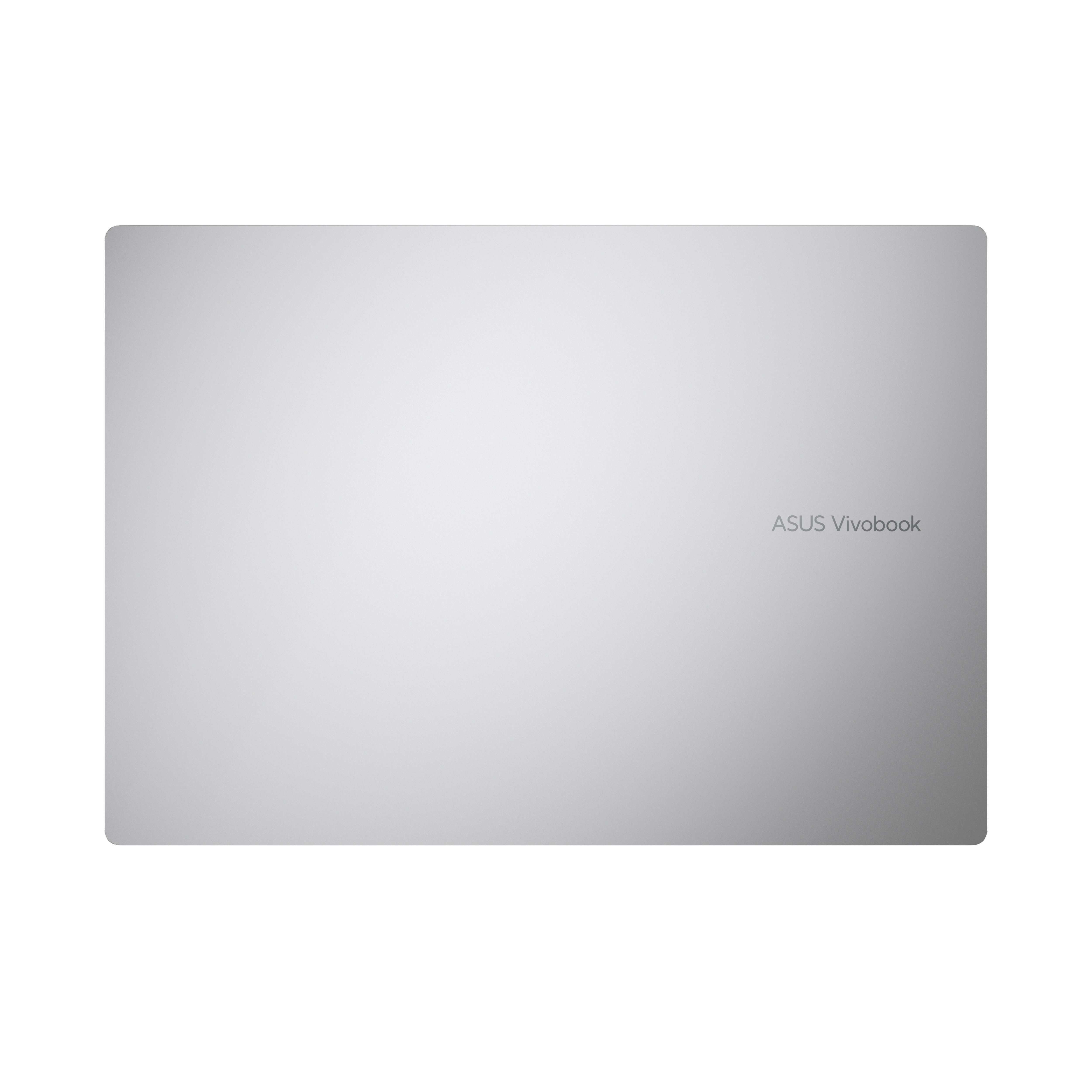 Tapa de portátil plateada con el logotipo ASUS Vivobook sobre un fondo blanco.