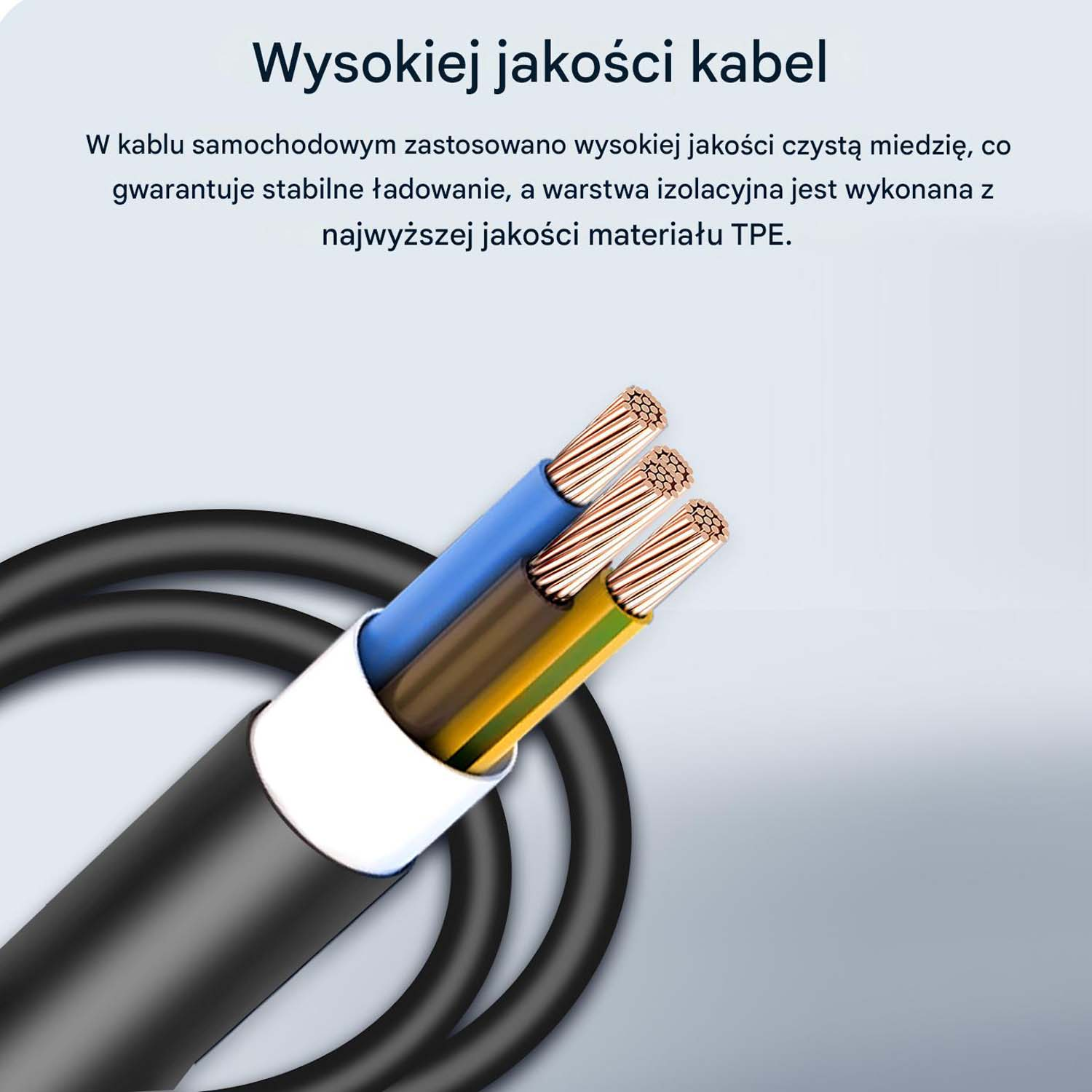 Zbliżenie wysokiej jakości kabla elektrycznego z trzema kolorowymi przewodami: niebieskim, brązowym i żółto-zielonym.