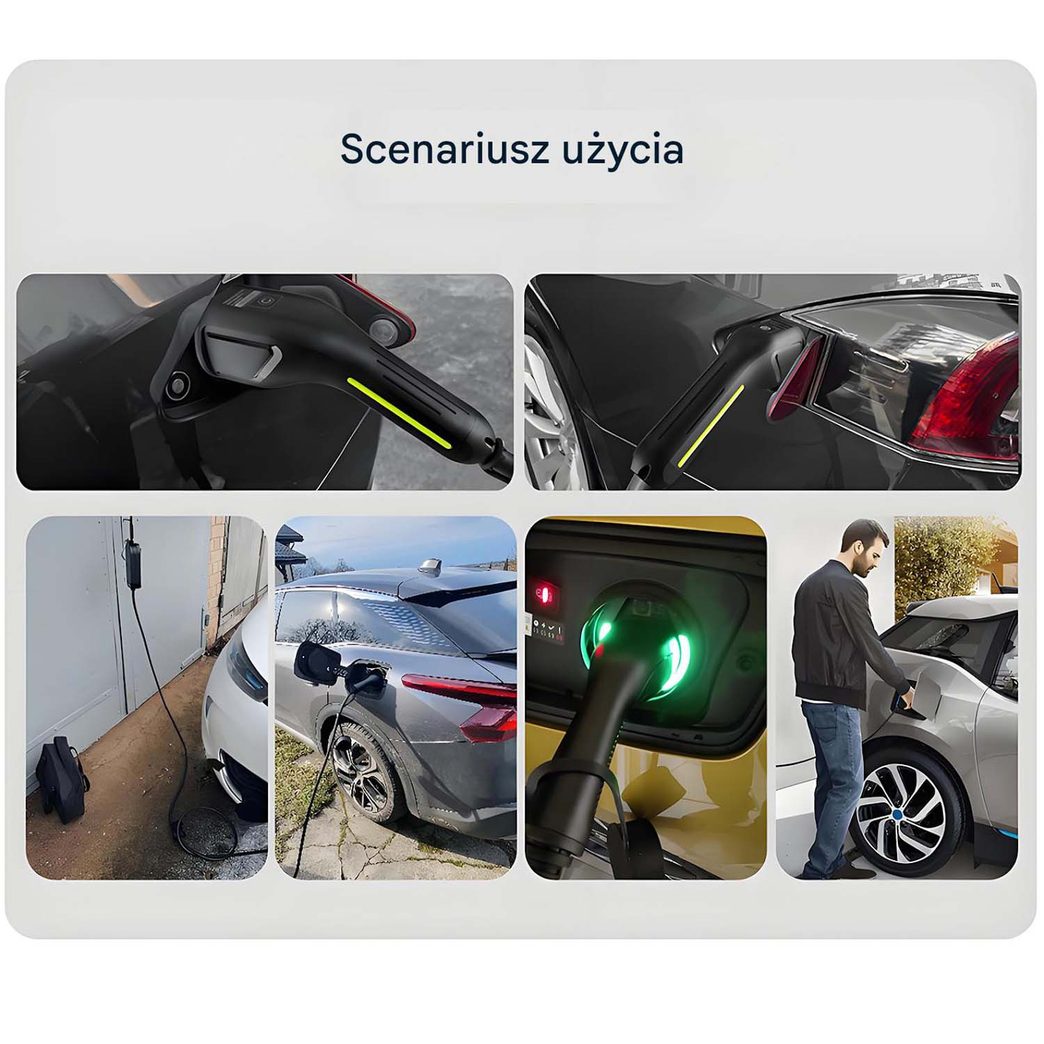 Cztery obrazy samochodów elektrycznych podczas ładowania, pokazujące różne scenariusze i złącza.