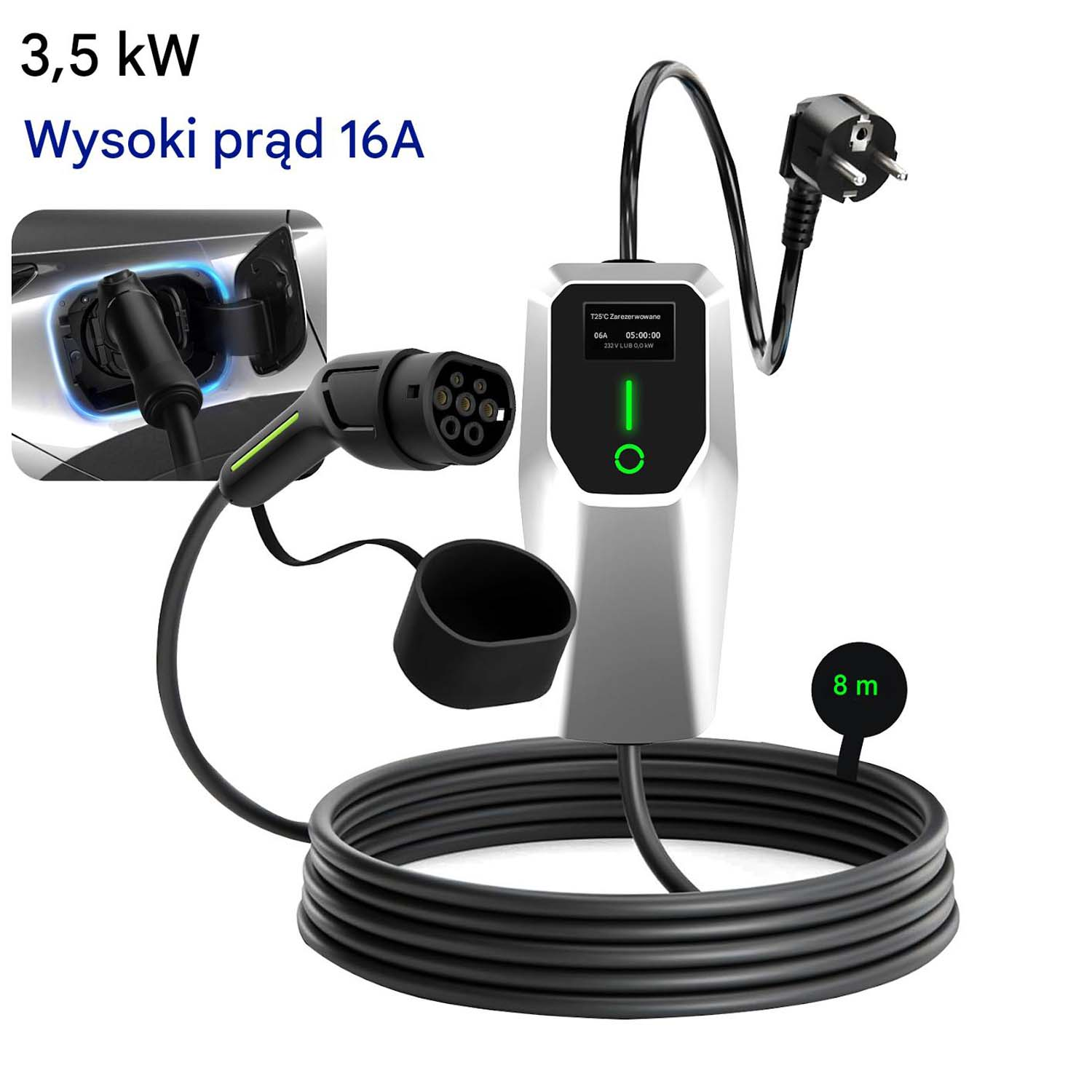 Ładowarka EV z wtyczką, kablem i jednostką sterującą. Ładowarka jest podłączona do samochodu.