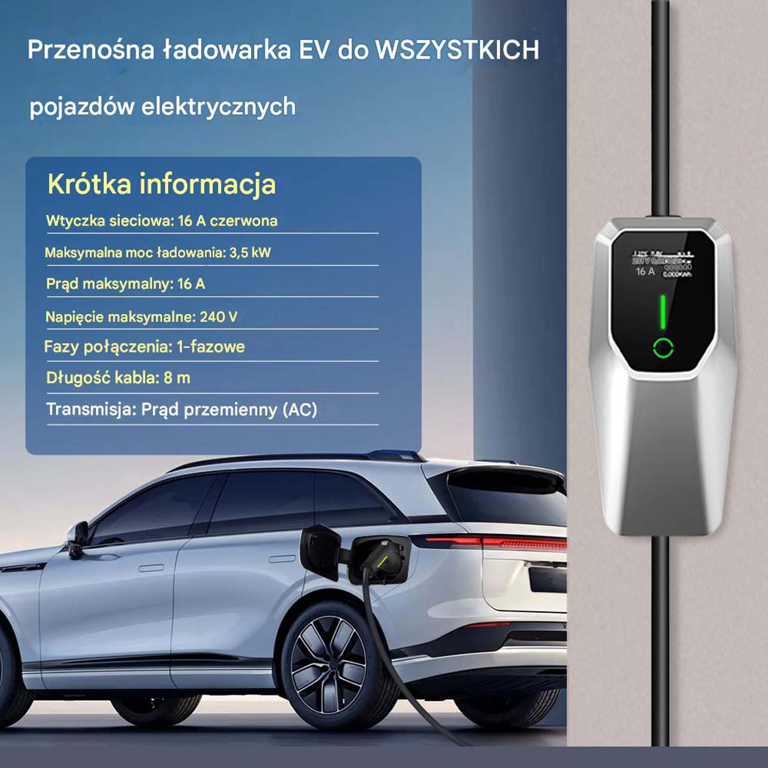 Przenośna ładowarka EV z tekstem i grafiką samochodu. Ładowarka jest podłączona do samochodu.