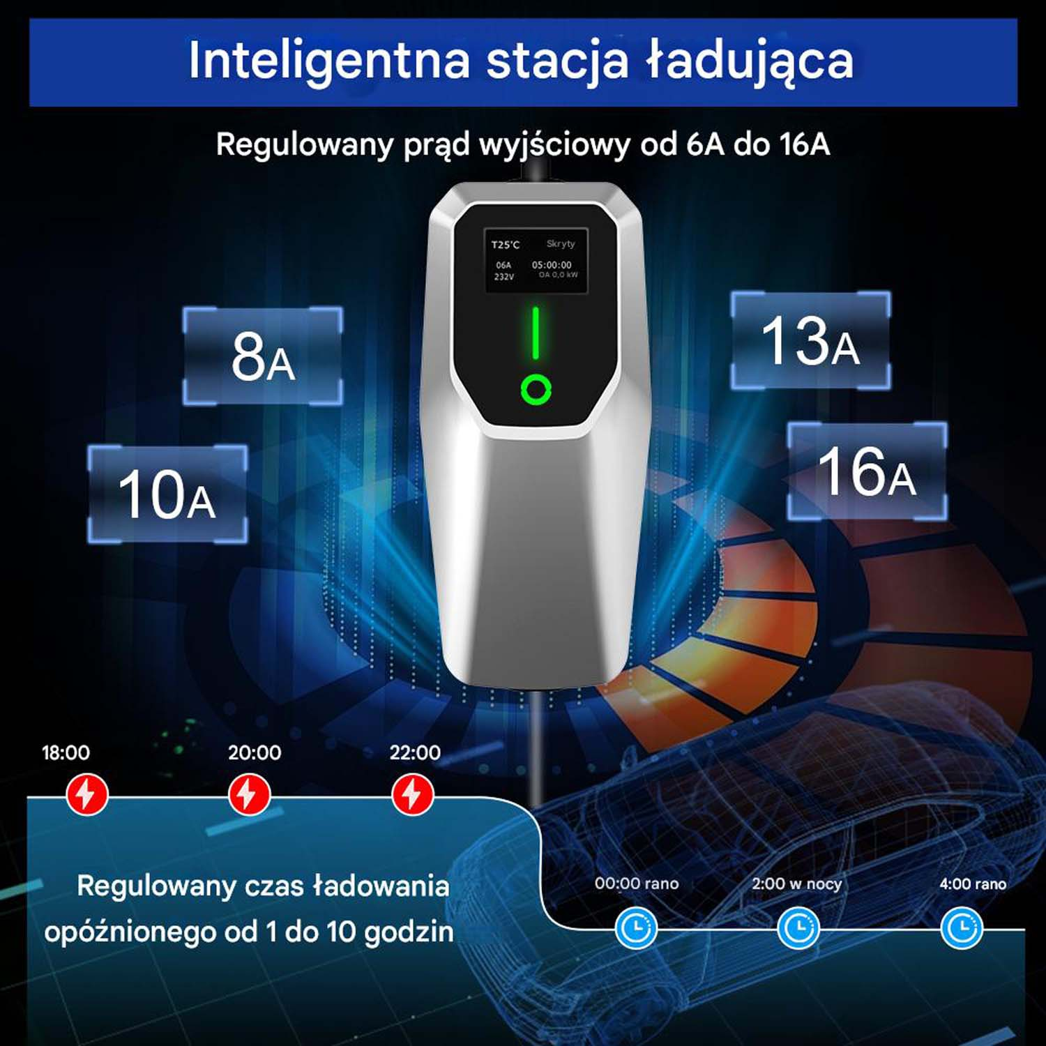 Inteligentna stacja ładowania z regulowanym wyjściem. Wyświetla czas ładowania i prąd.