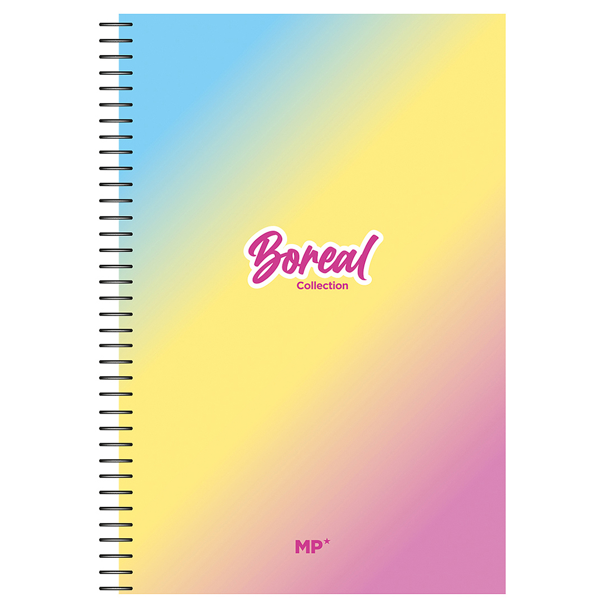 Ein spiralgebundenes Notizbuch mit einem Farbverlauf-Umschlag in Blau, Gelb und Rosa, beschriftet mit "Boreal Collection".
