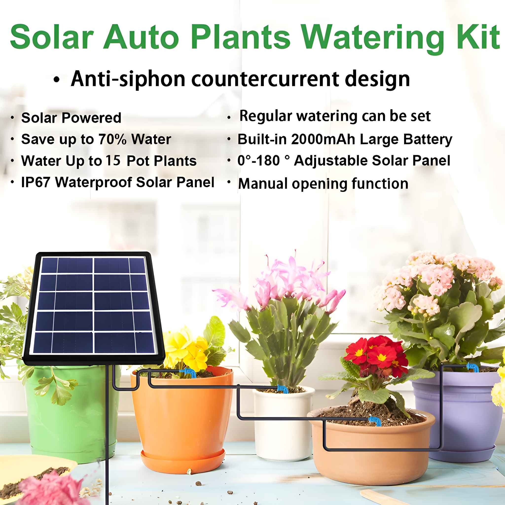 Ein Solarpanel bewässert Topfpflanzen. Der Text oben wirbt für das Produkt. Im Hintergrund sind mehrere Pflanzen zu sehen.