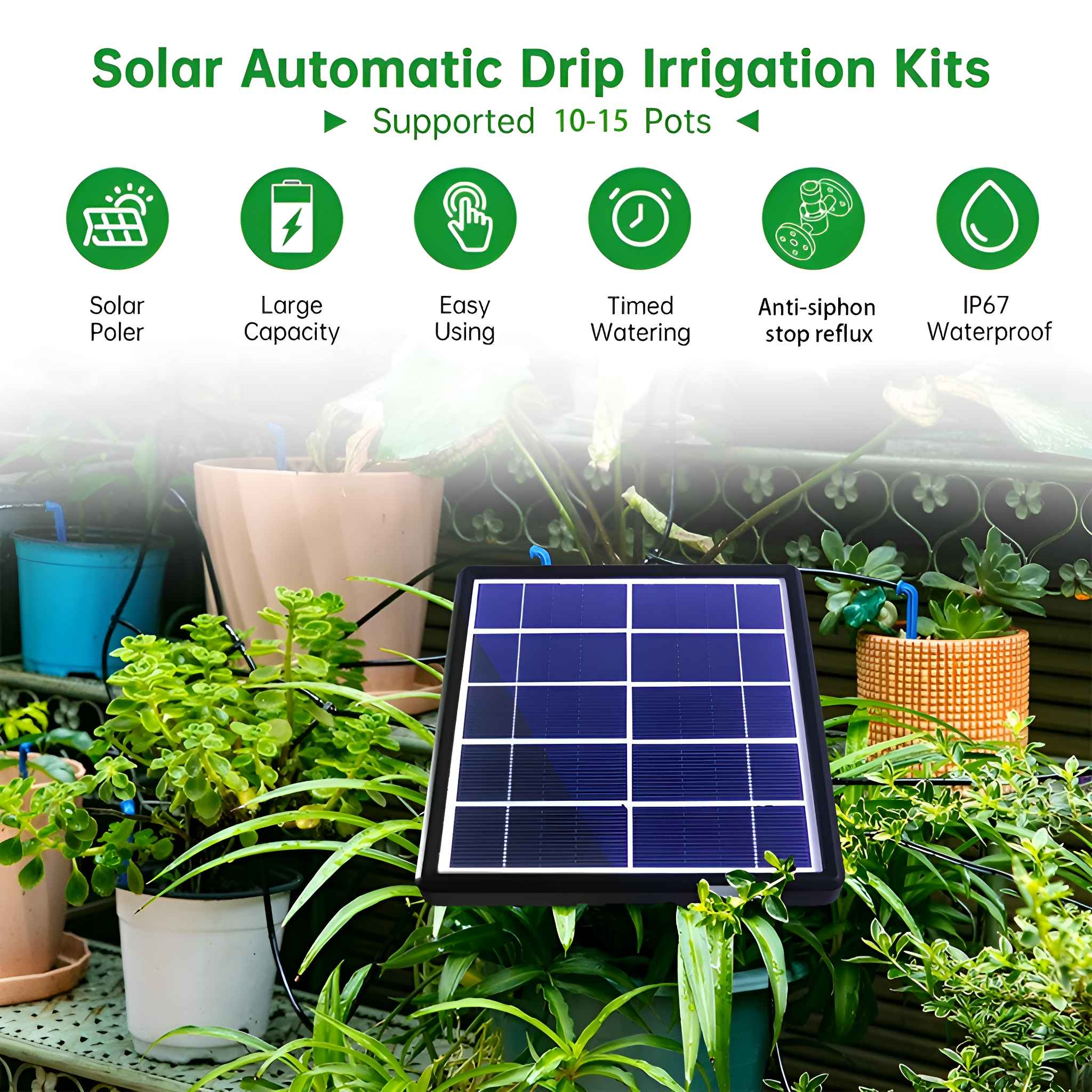 Ein Solarpanel mit Pflanzen und Schläuchen, mit Symbolen für Solarenergie, Wasser, Timer und Wasserdichtigkeit.
