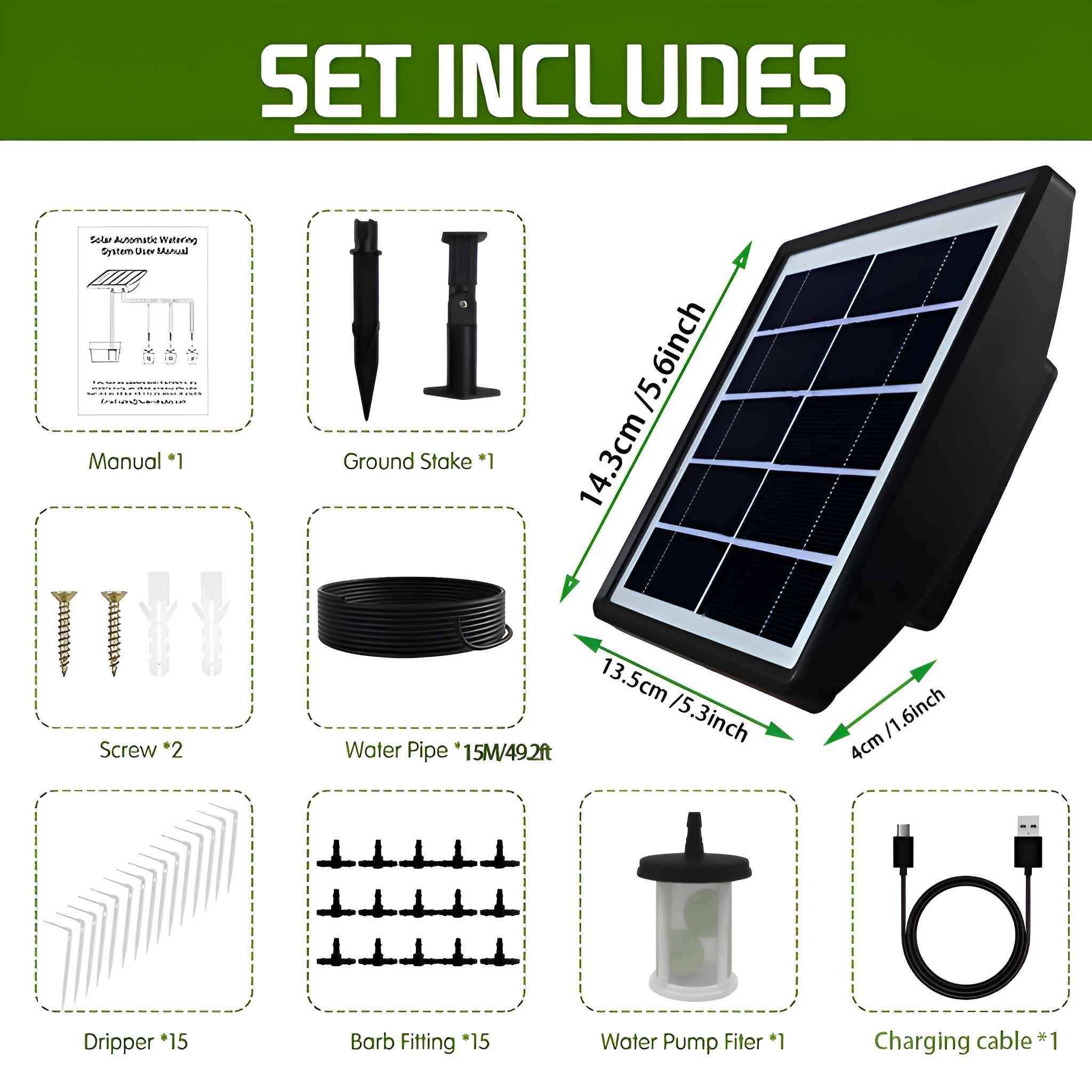 Ein Satz Komponenten für ein automatisches Solarbewässerungssystem, einschließlich eines Solarpanels und Zubehör.