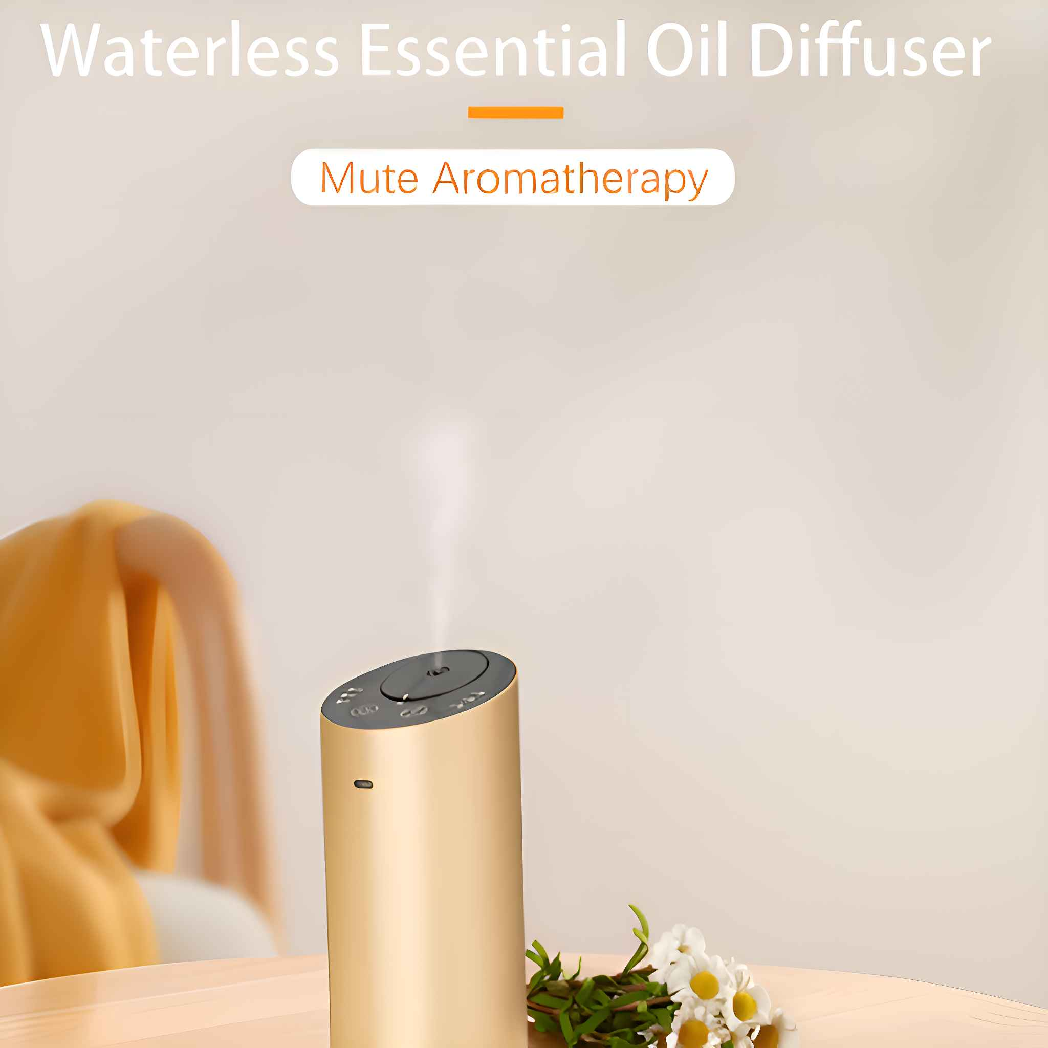 Goldener Diffusor mit Sprühnebel. Text auf Deutsch.