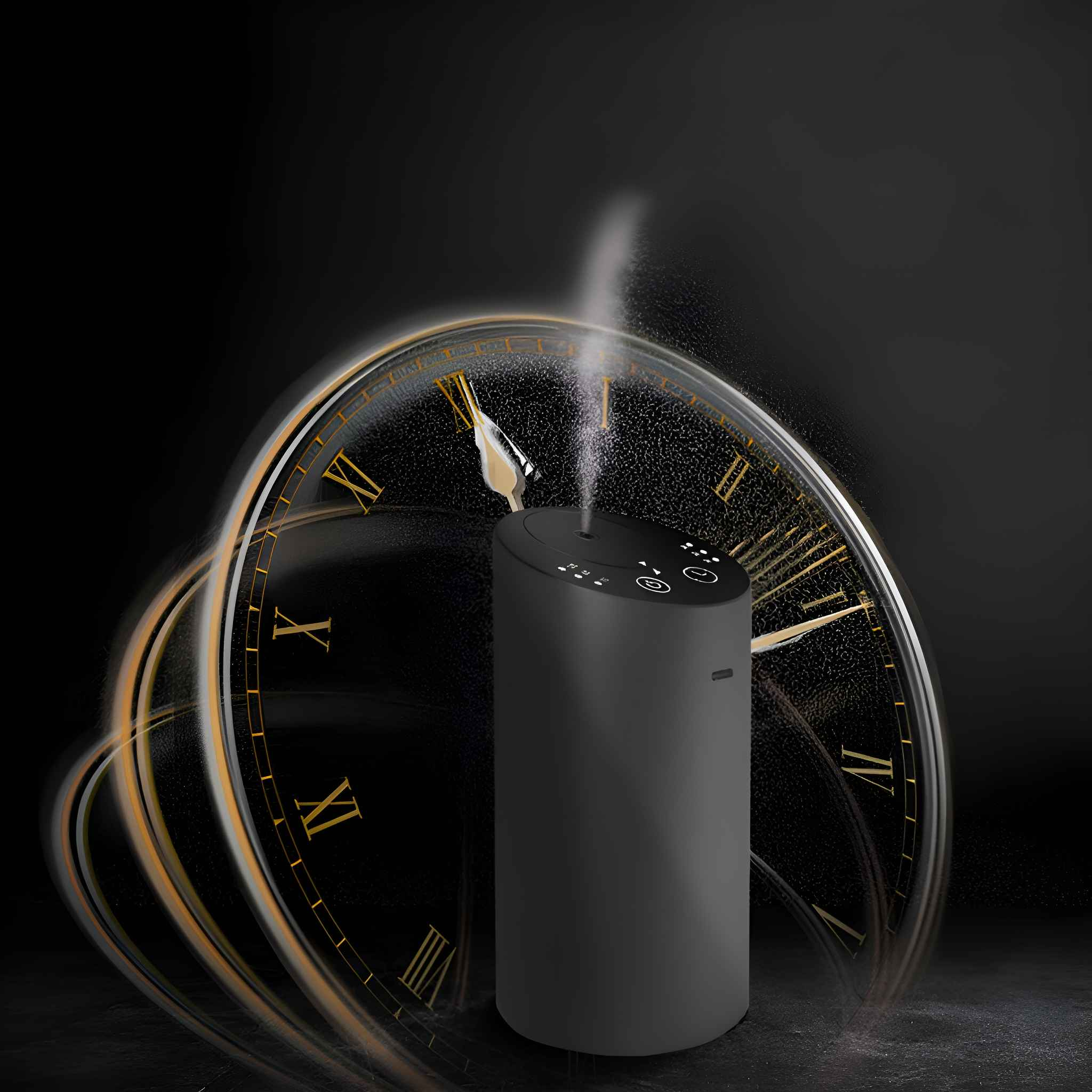 Ein schwarzer Diffusor für ätherische Öle mit aufsteigendem Dampf, vor einem Hintergrund mit Uhr-Thema. Der Gesamtton ist dunkel.