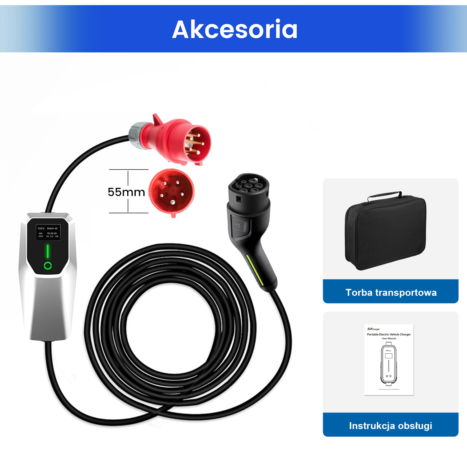Zestaw ładowarki EV z złączami, czarnym kablem i czarną torbą transportową. Pokazano również instrukcje.