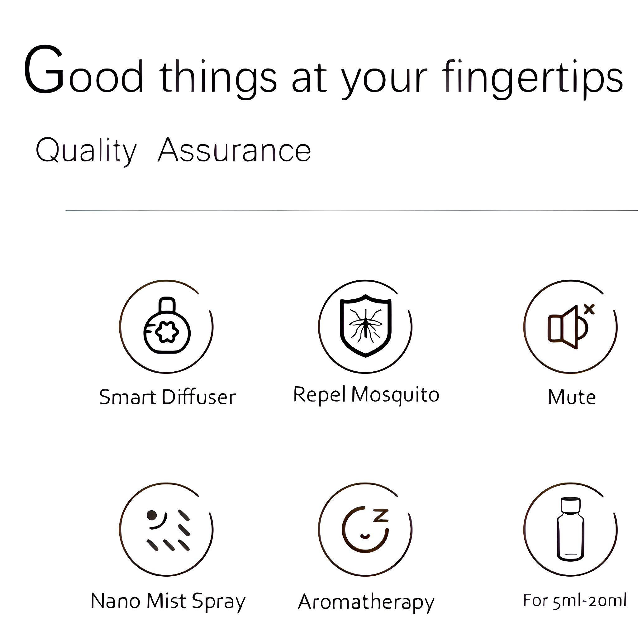 Symbole für einen intelligenten Diffusor, Mückenschutz, Stummschaltung, Nano-Nebelspray, Aromatherapie und 5-20ml.