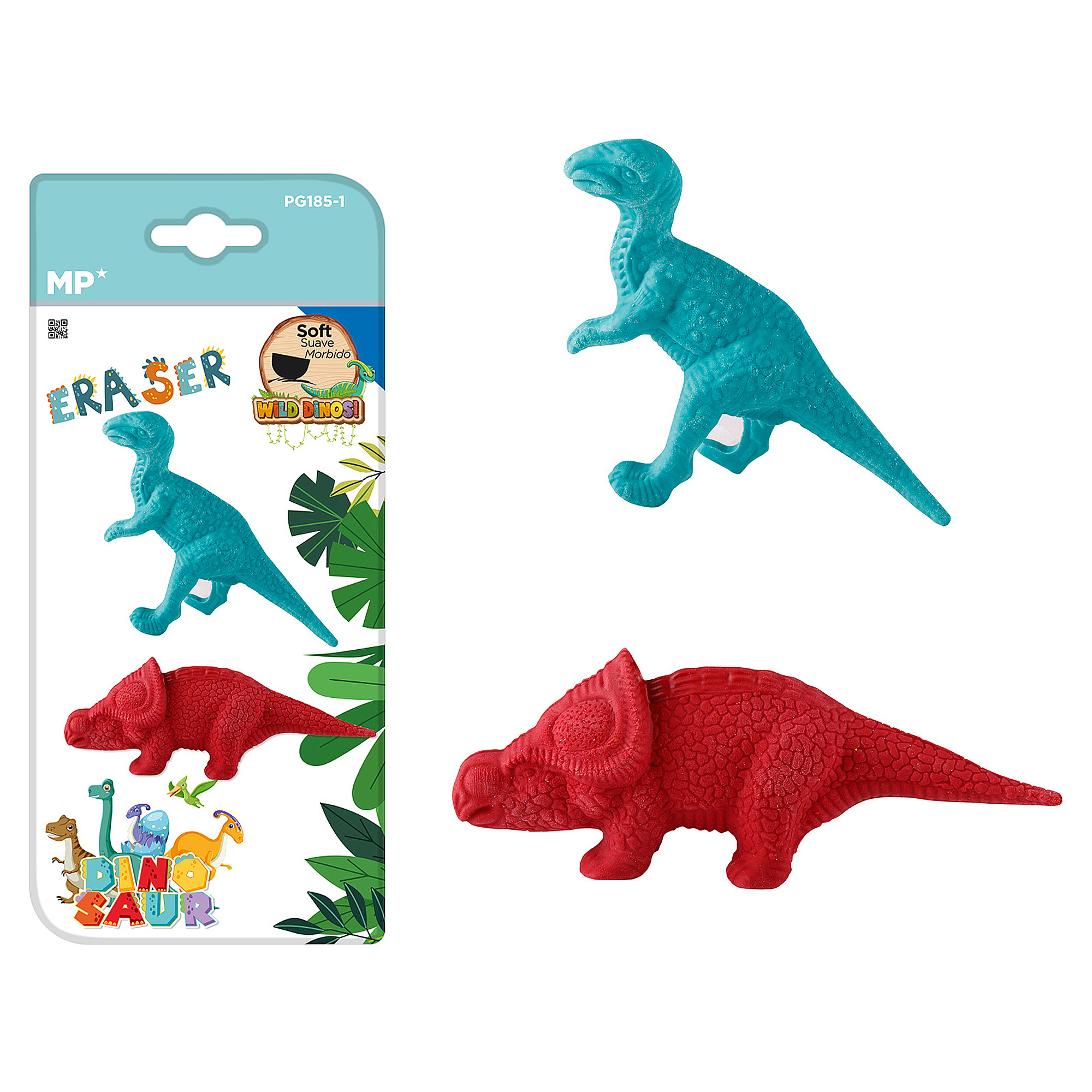 Dinosaurier-Radiergummis: einer blau, einer rot, verpackt in einer grünen Karte.