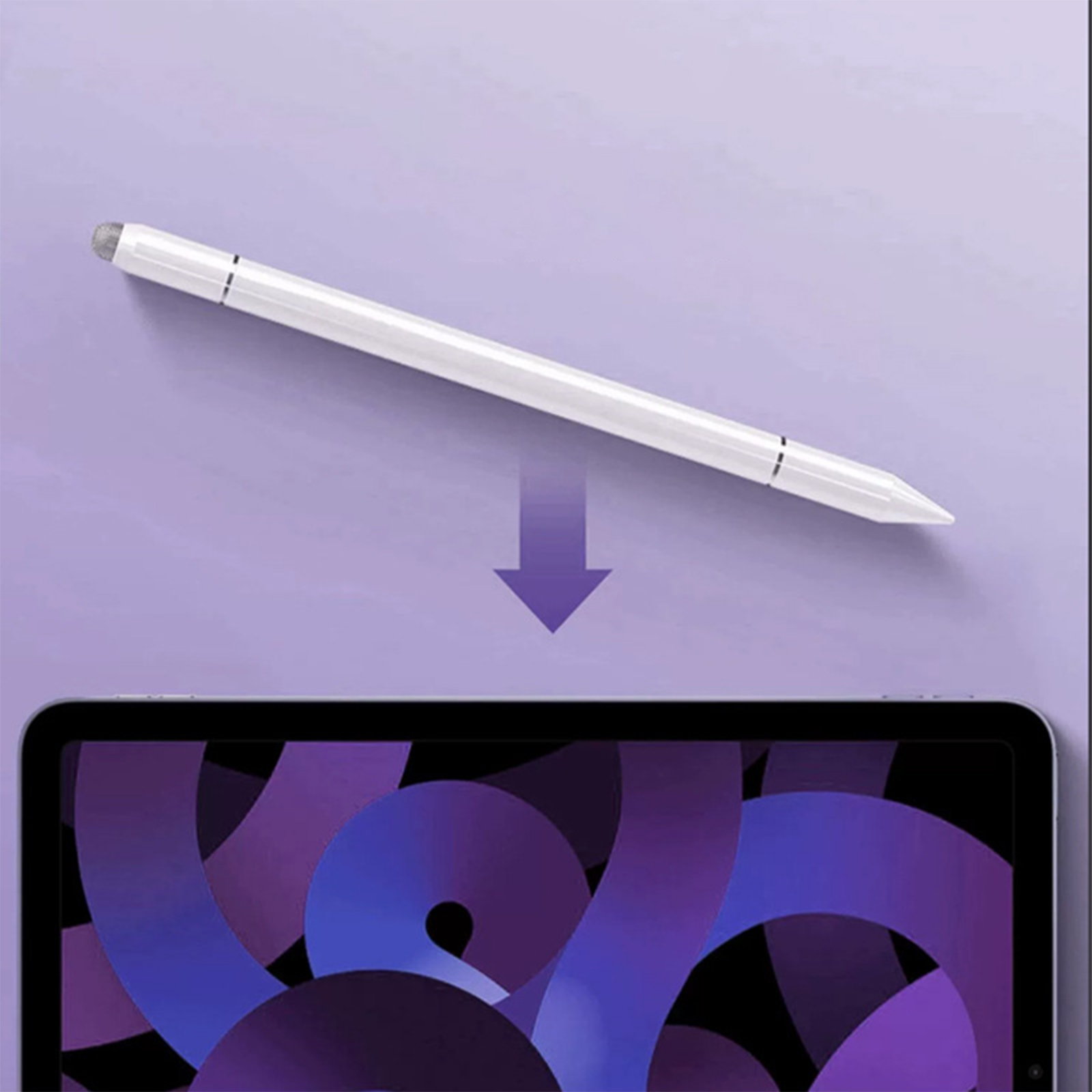 Ein weißer Stift über einem Tablet mit einem lila Bildschirm, was darauf hindeutet, dass der Stift für das Tablet geeignet ist.