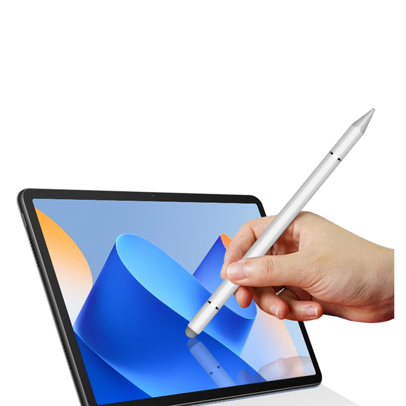 Ein weißer Stylus-Stift wird über einem Tablet gehalten, das ein blaues abstraktes Design anzeigt.