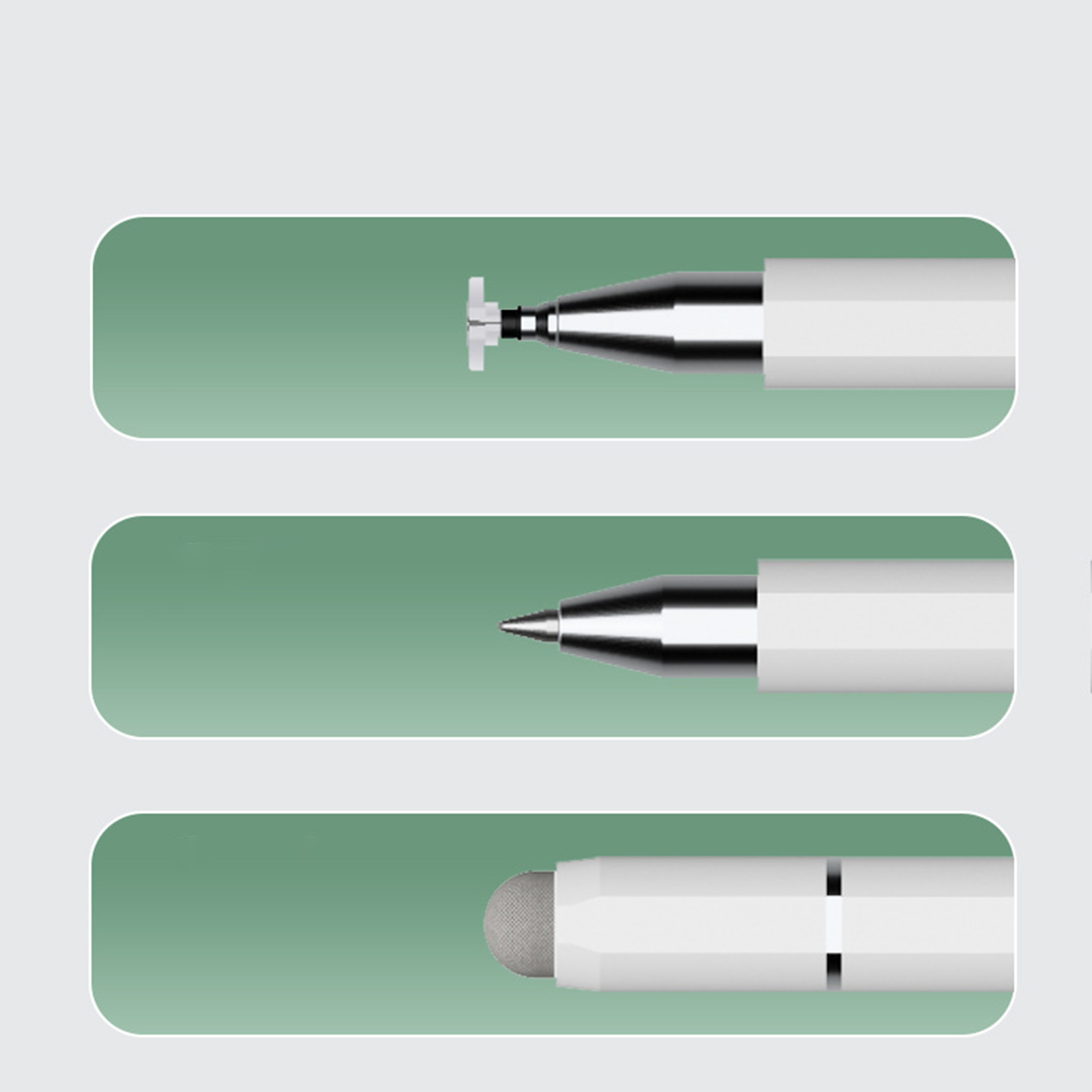 Ein Stift, der drei verschiedene Spitzenarten vor grünem Hintergrund zeigt.