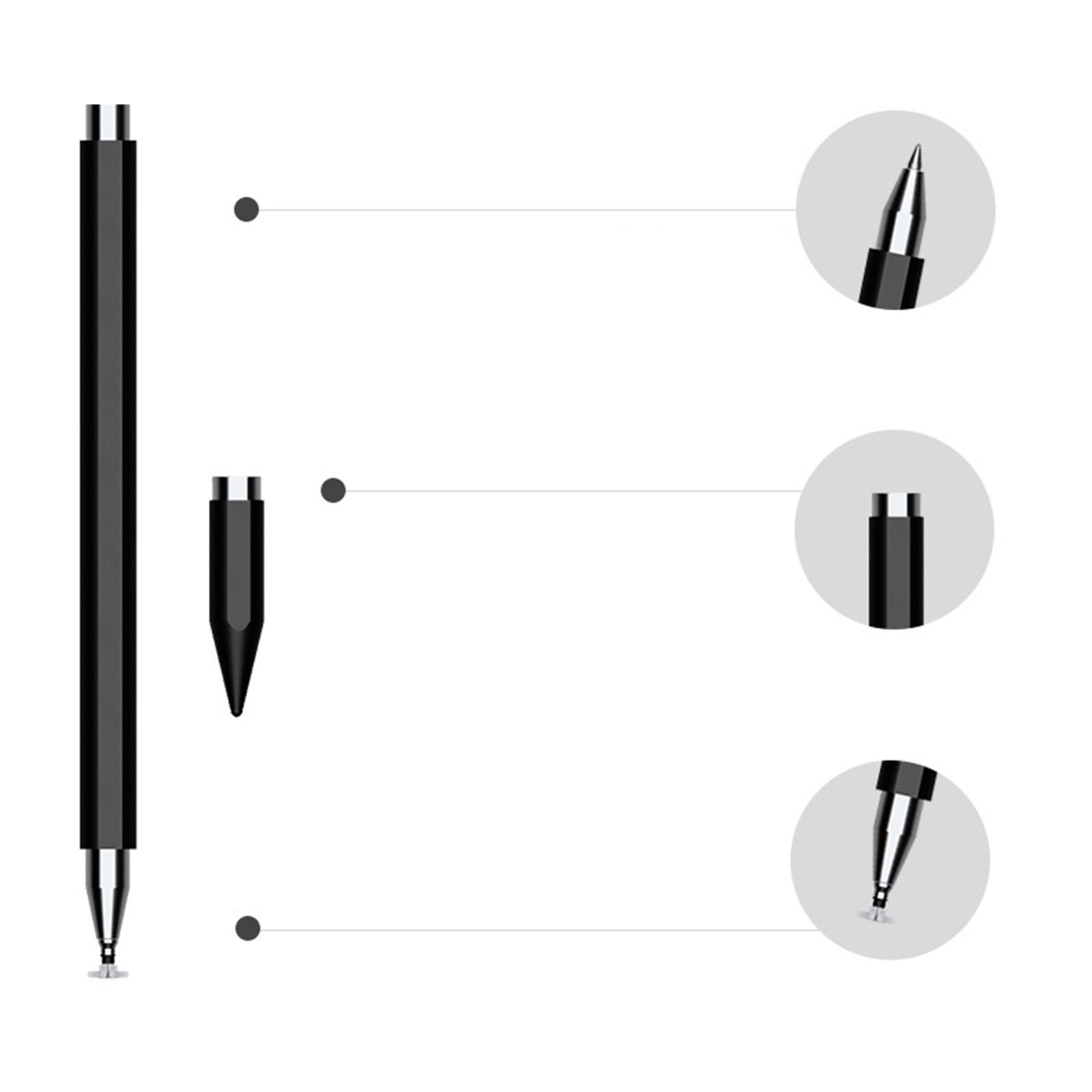 Ein schwarzer Stylus-Stift mit silberner Spitze. Er wird in Teilen und detailliert gezeigt.