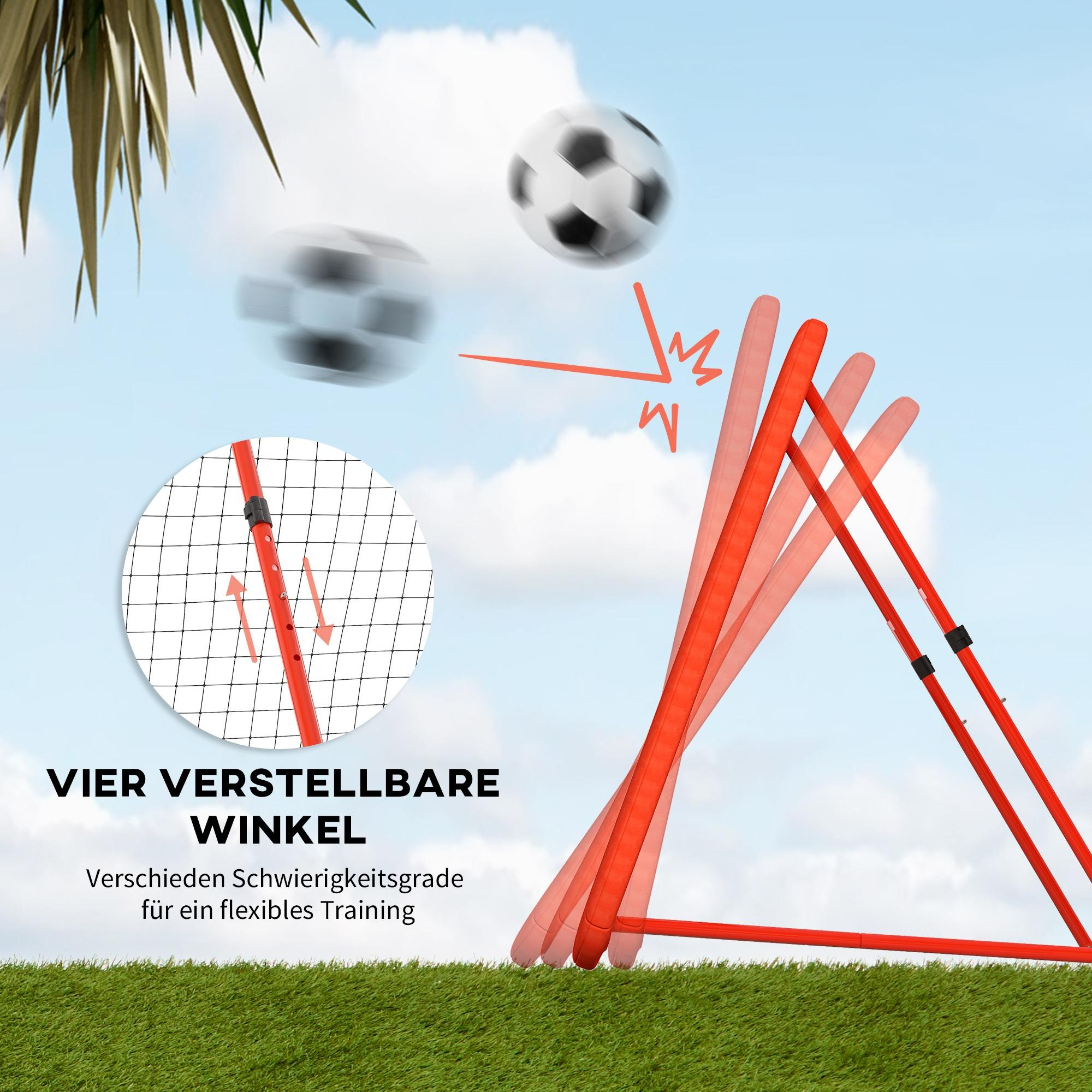 Ein Fußball-Rückpraller mit einstellbaren Winkeln. Der Ballweg wird mit einem Diagramm dargestellt.