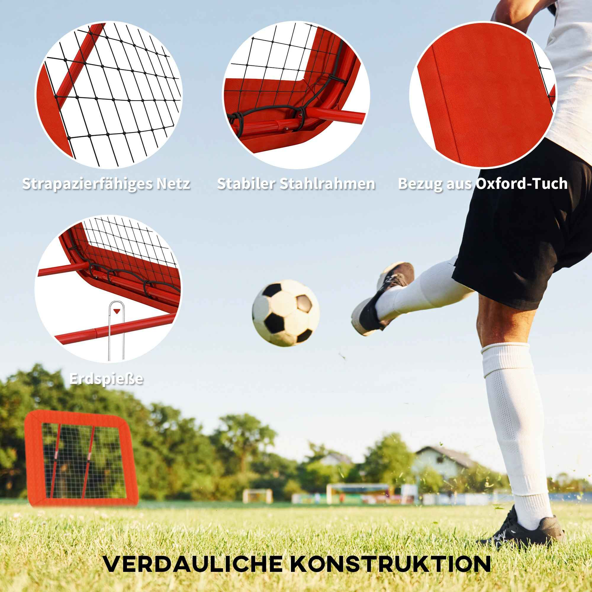 Ein Fußballspieler schießt den Ball auf ein rotes Tor. Das Bild enthält Nahaufnahmen der Torbestandteile.