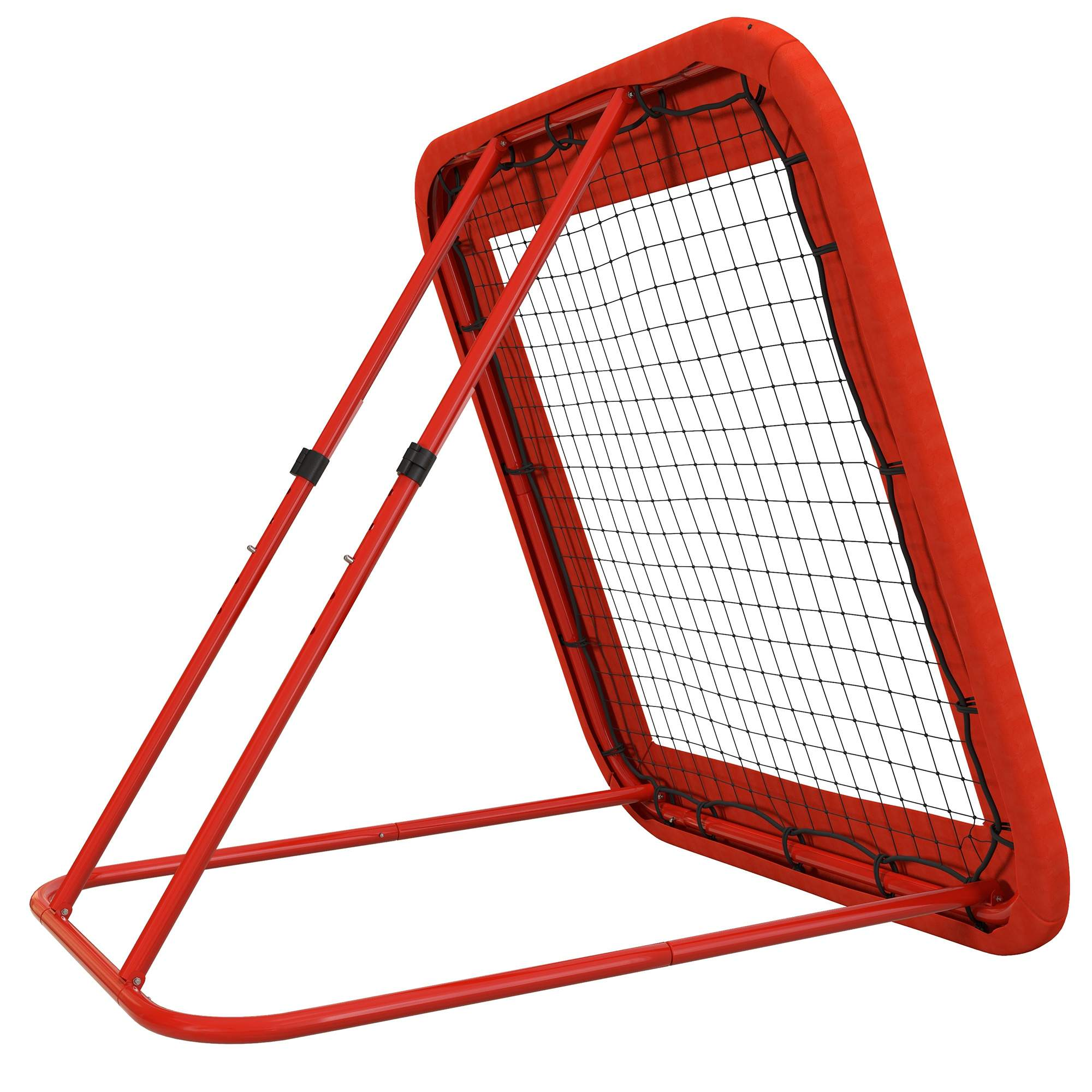 Ein rotes Fußballtornetz mit einem schwarzen Maschennetz und rotem Rahmen steht isoliert auf weißem Hintergrund.