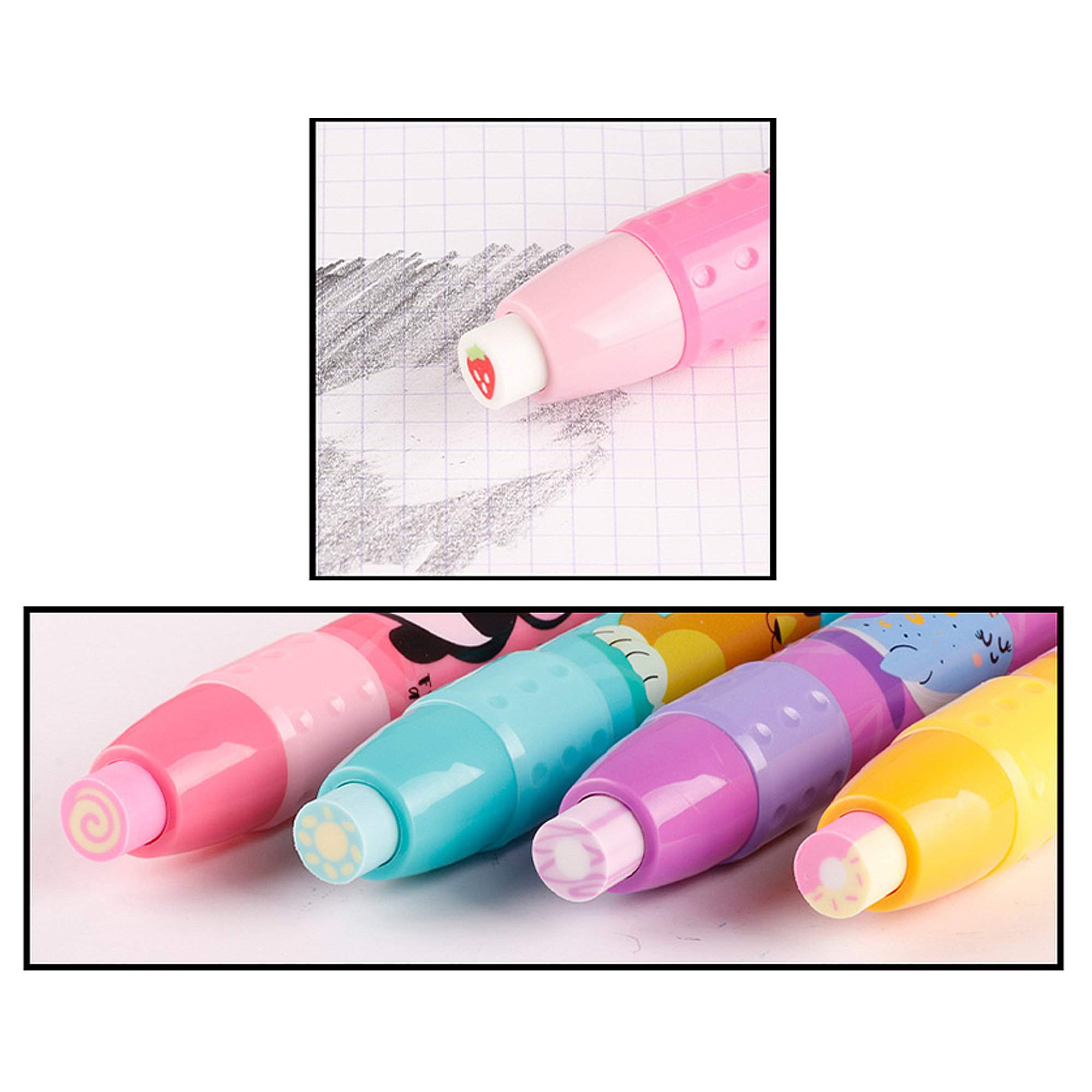 Nahaufnahme eines rosa Radiergummis mit Erdbeerspitze und eine Reihe von Radiergummis mit bunten Designs.