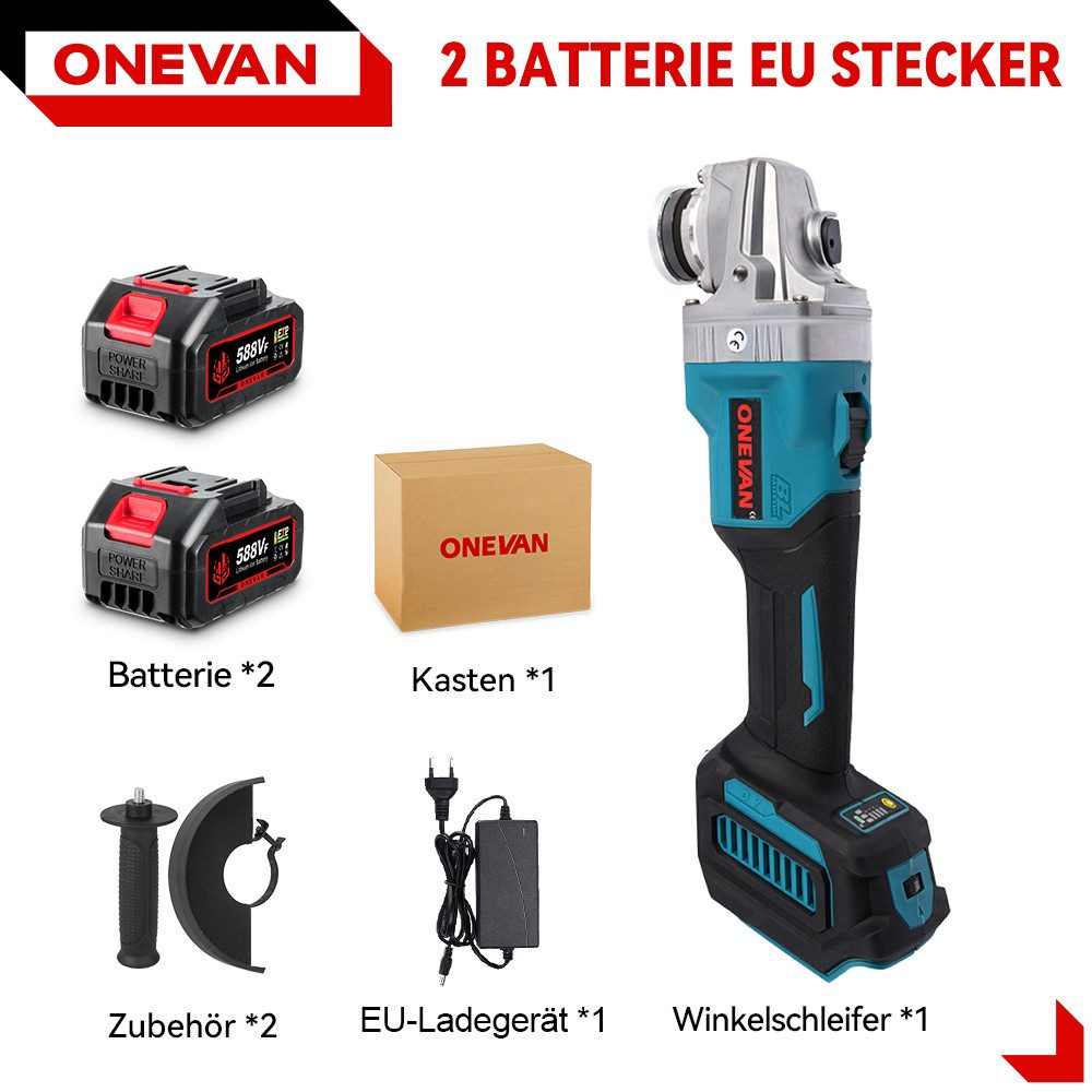 Ein Winkelschleifer mit Zubehör, zwei Akkus und einem Karton, alles vor weißem Hintergrund.