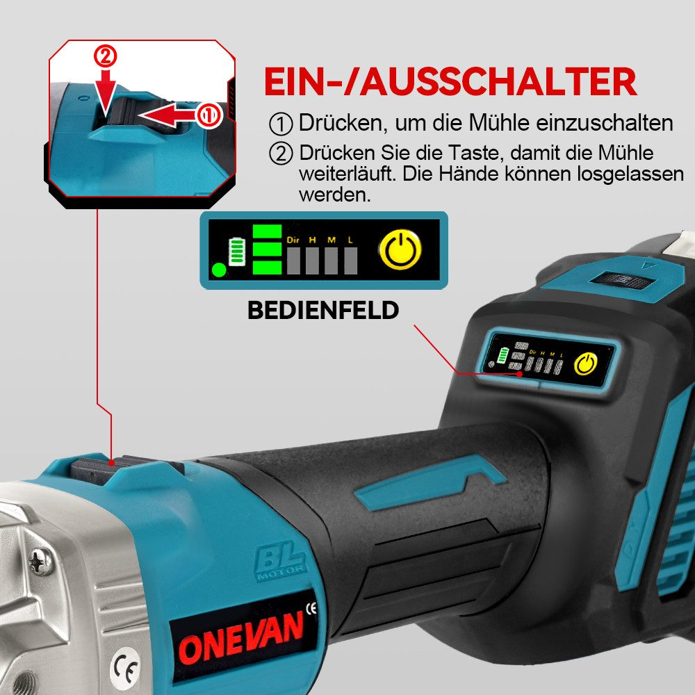 Nahaufnahme eines Elektrowerkzeugs mit Bedienfeld und Anweisungen. Das Werkzeug ist teal und schwarz.