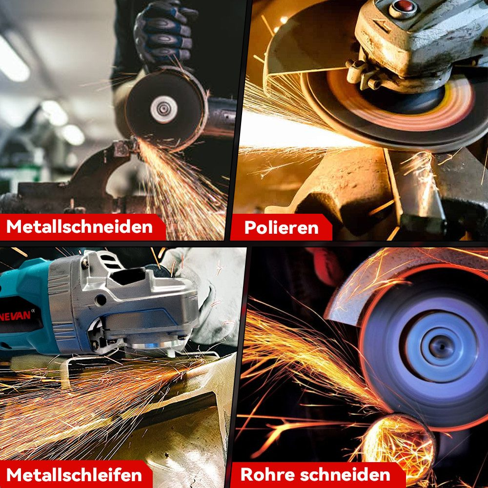 Vier Bilder zeigen das Metallschleifen mit Funken. Werkzeuge schneiden, polieren und schleifen Metall.