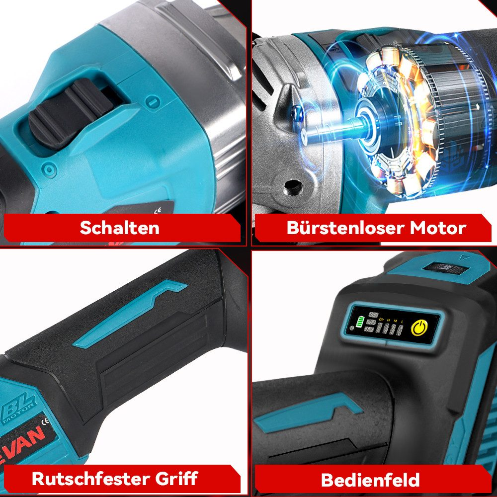 Nahaufnahmen von Winkelschleiferteilen: Schalter, Motor, Griff und Bedienfeld.