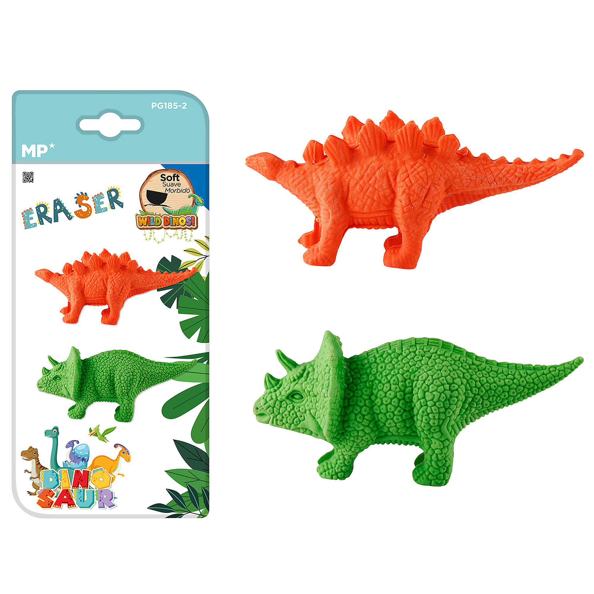 Radiergummis in Dinosaurierform, mit einem Verpackungsetikett. Die Dinosaurier sind orange und grün.