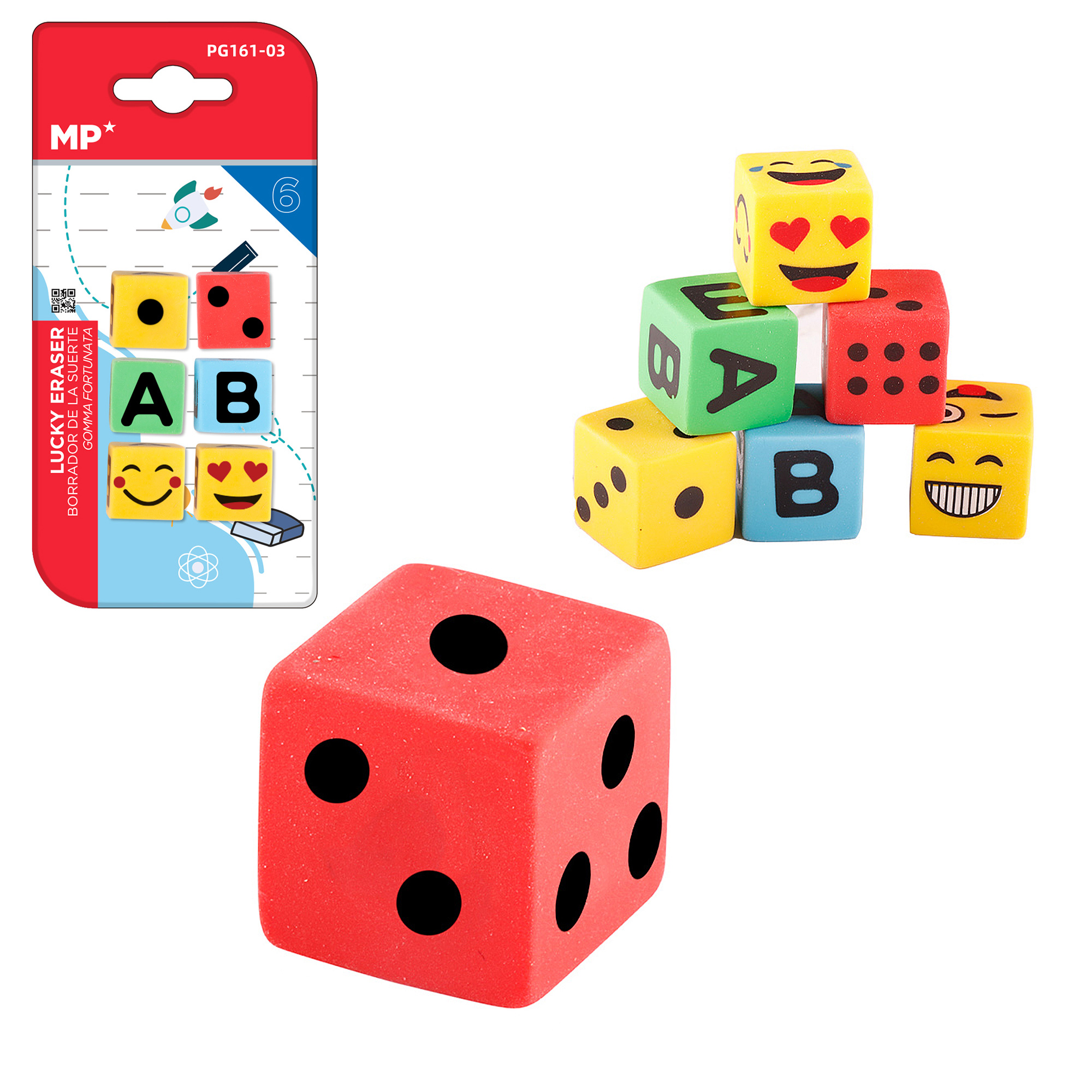 Radiergummis in und aus der Verpackung, mit Würfeln, Smiley-Gesichtern und Buchstaben A und B.